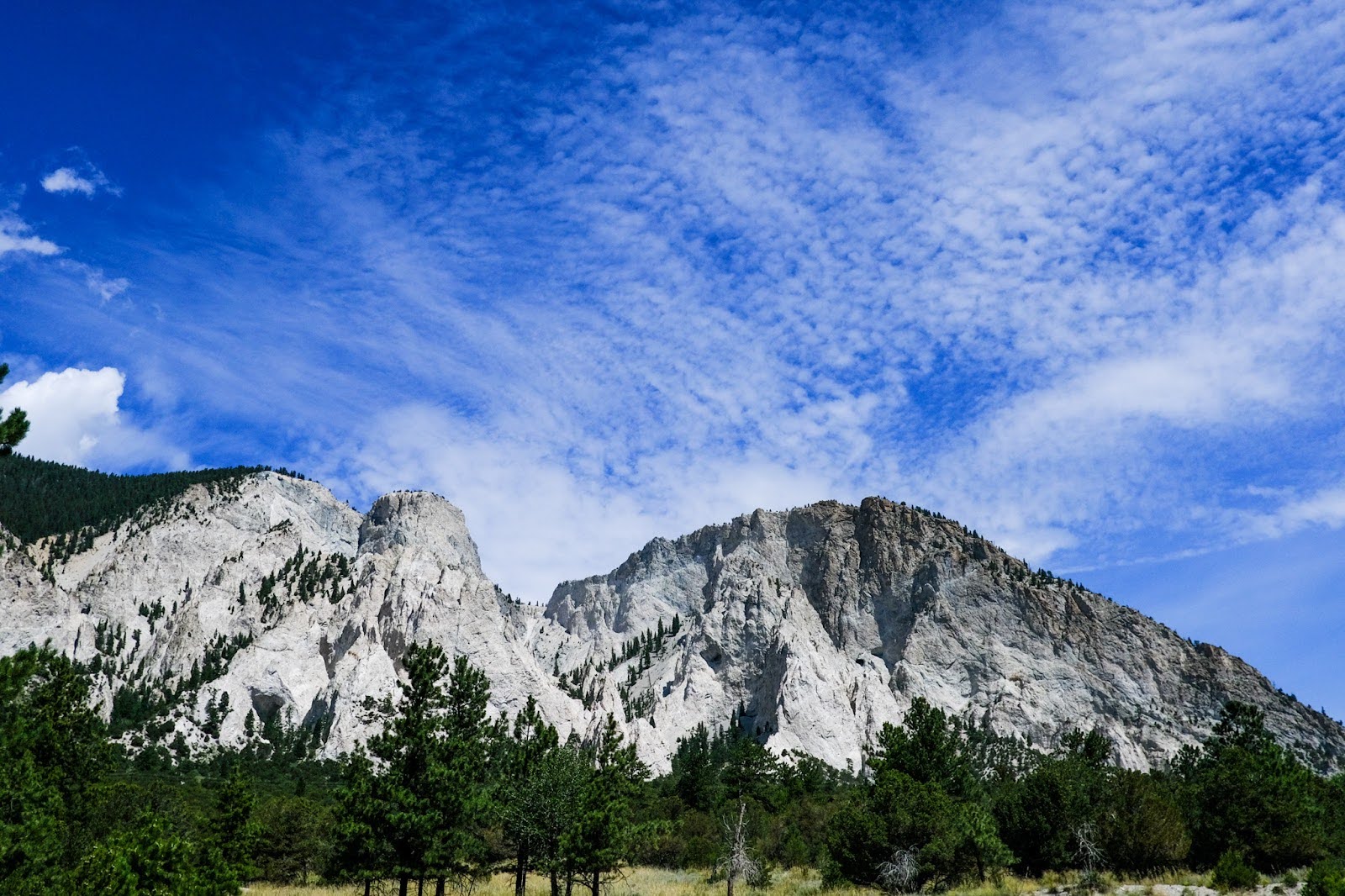 valley view of a white and gray exposed rocky butte. 