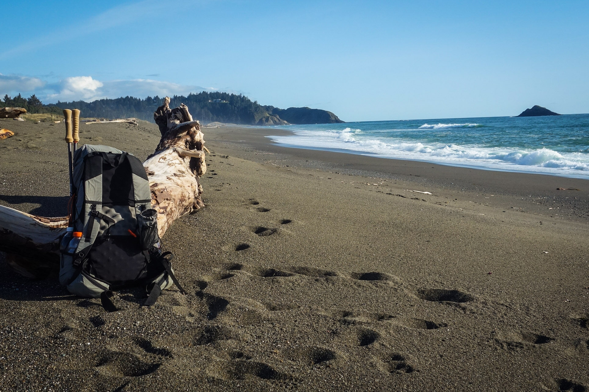 a backpackers backpack and trekking poles resting again a driftwood log on the oregon coast trail