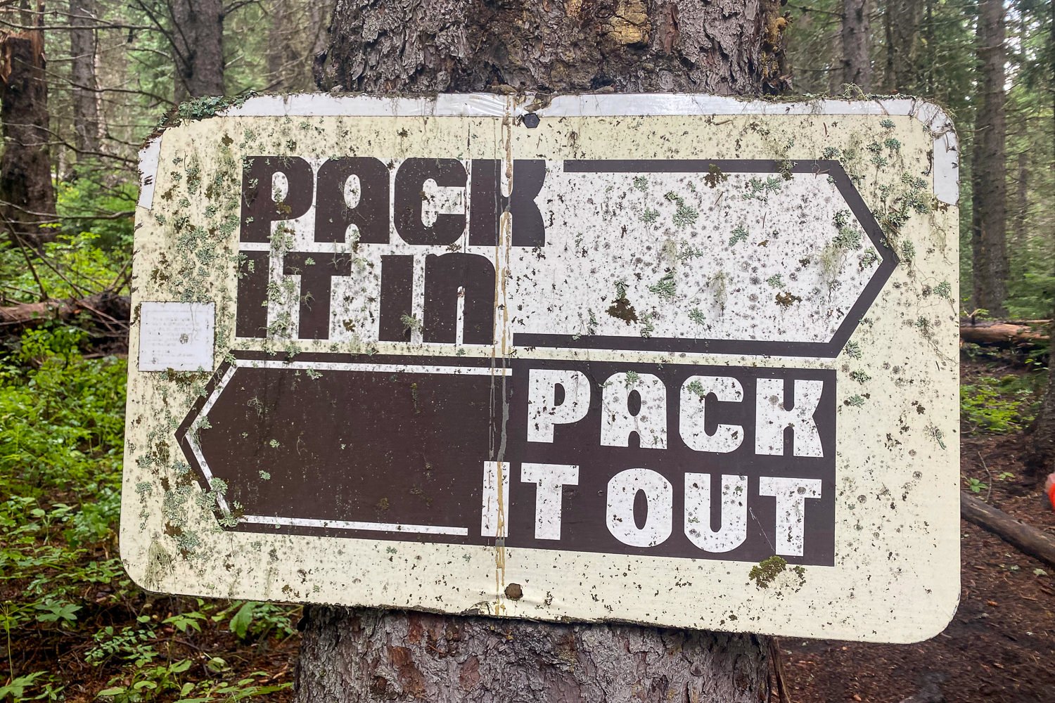 sign on a tree that says pack it in pack it out