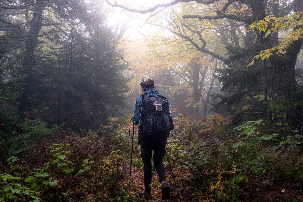 backpacker walking through foggy fall forest