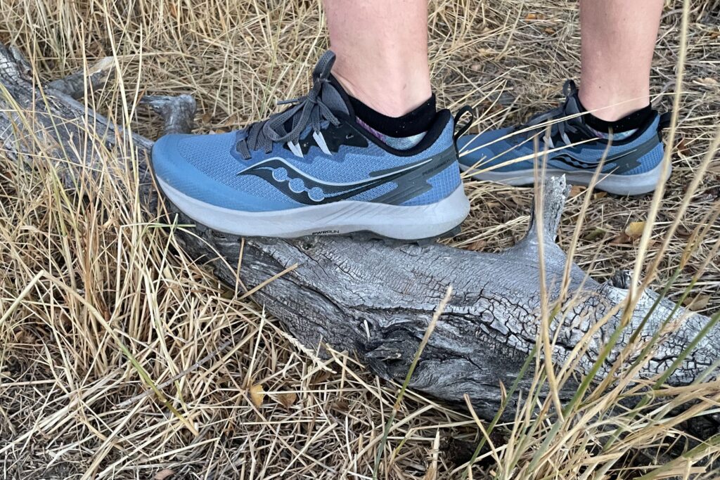 picture of a hiker wearing peregrine 14's walking over a log and dry grass