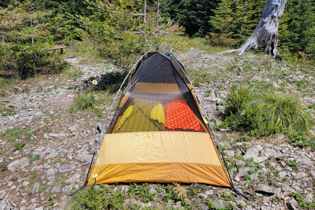 A tent from the side showing how narrow it is.