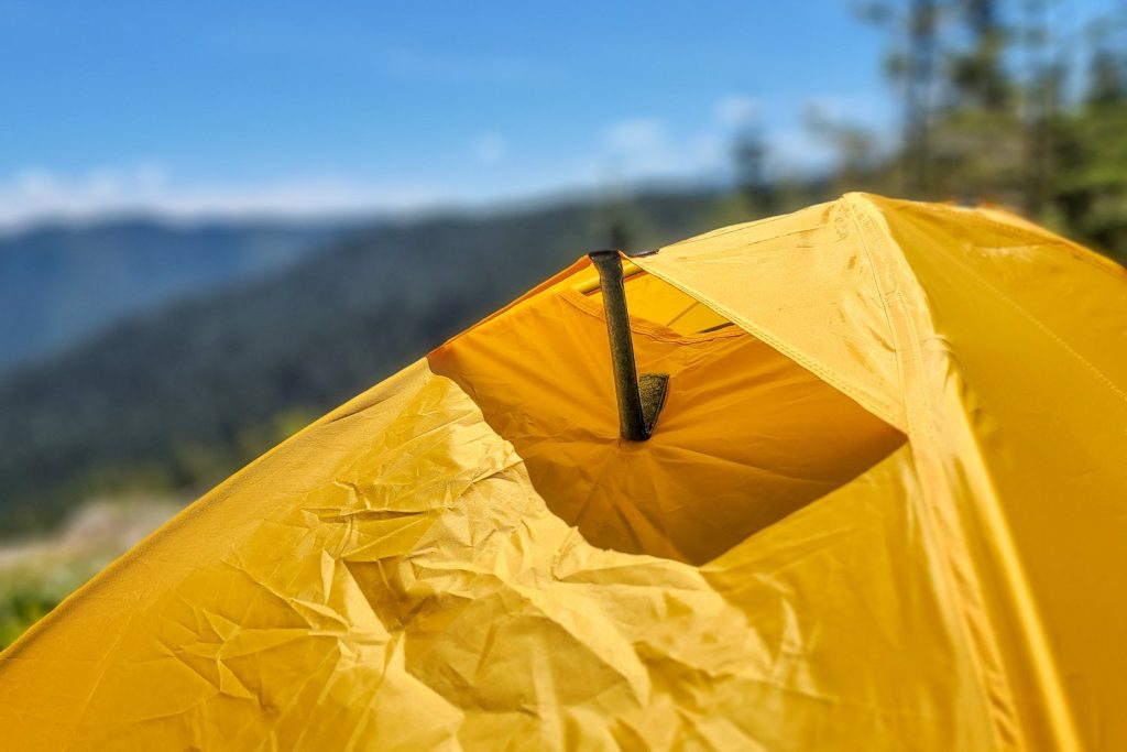 Close up of vent kickstands on a tent.