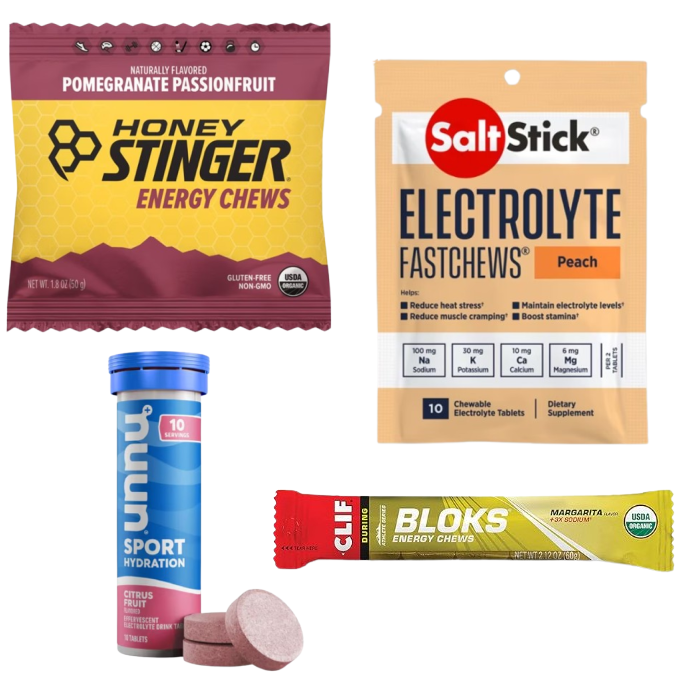 stock images of honey stinger energy chews and salt stick electrolyte fastchews, nuun sport hydration tablets and clif bloks  packaging