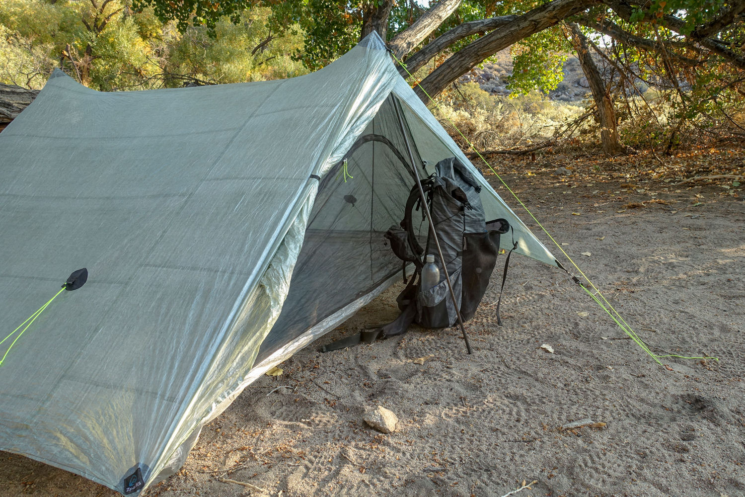 The Zpacks Duplex with a backpack in the vestibule.