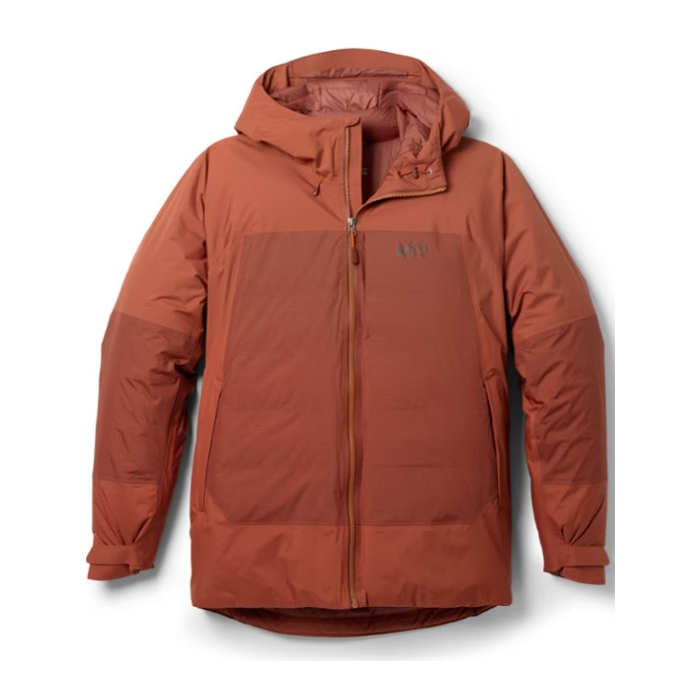 rei mens stormhenge winter jacket stock image in red/rust