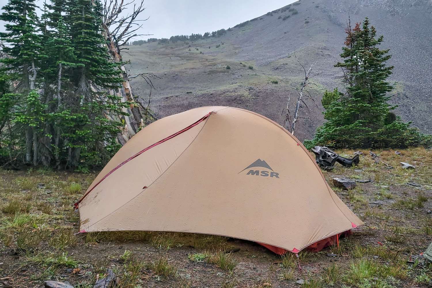 the rainfly beading off rain on the MSR freelite tent 