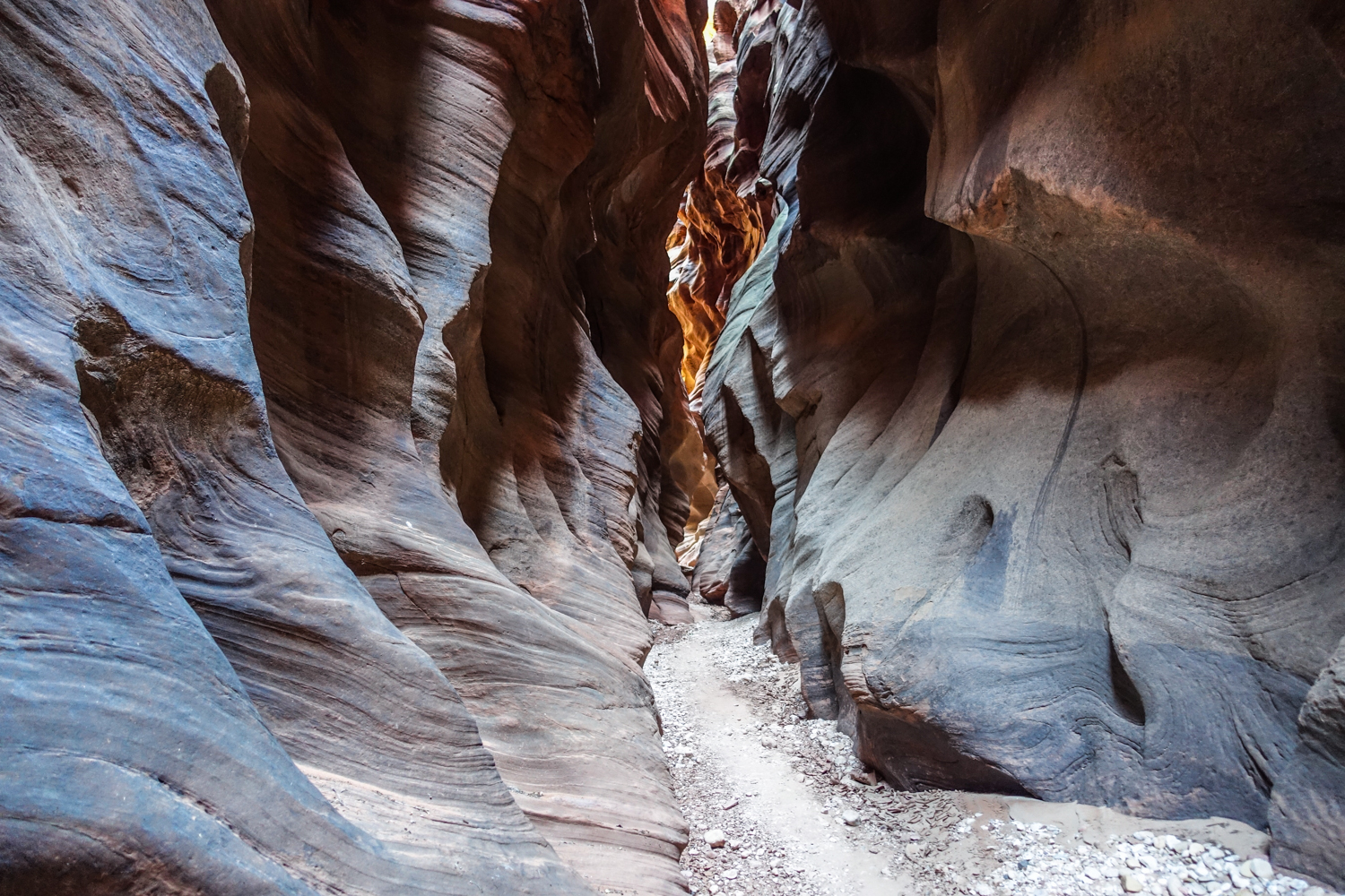 a very narrow slot canyon in and out of sunlight