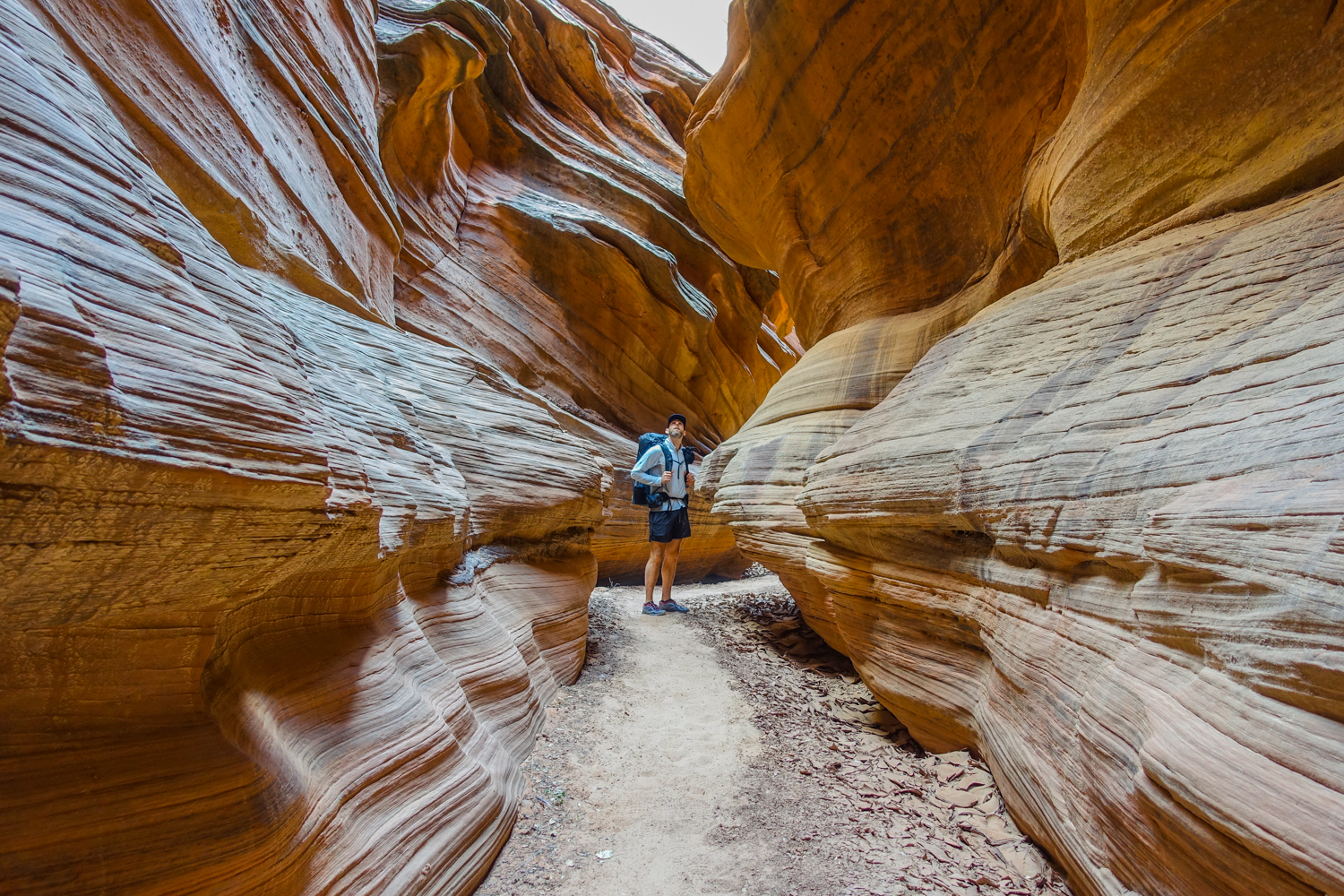 a hiker walking through striped walls of sedimentary rock