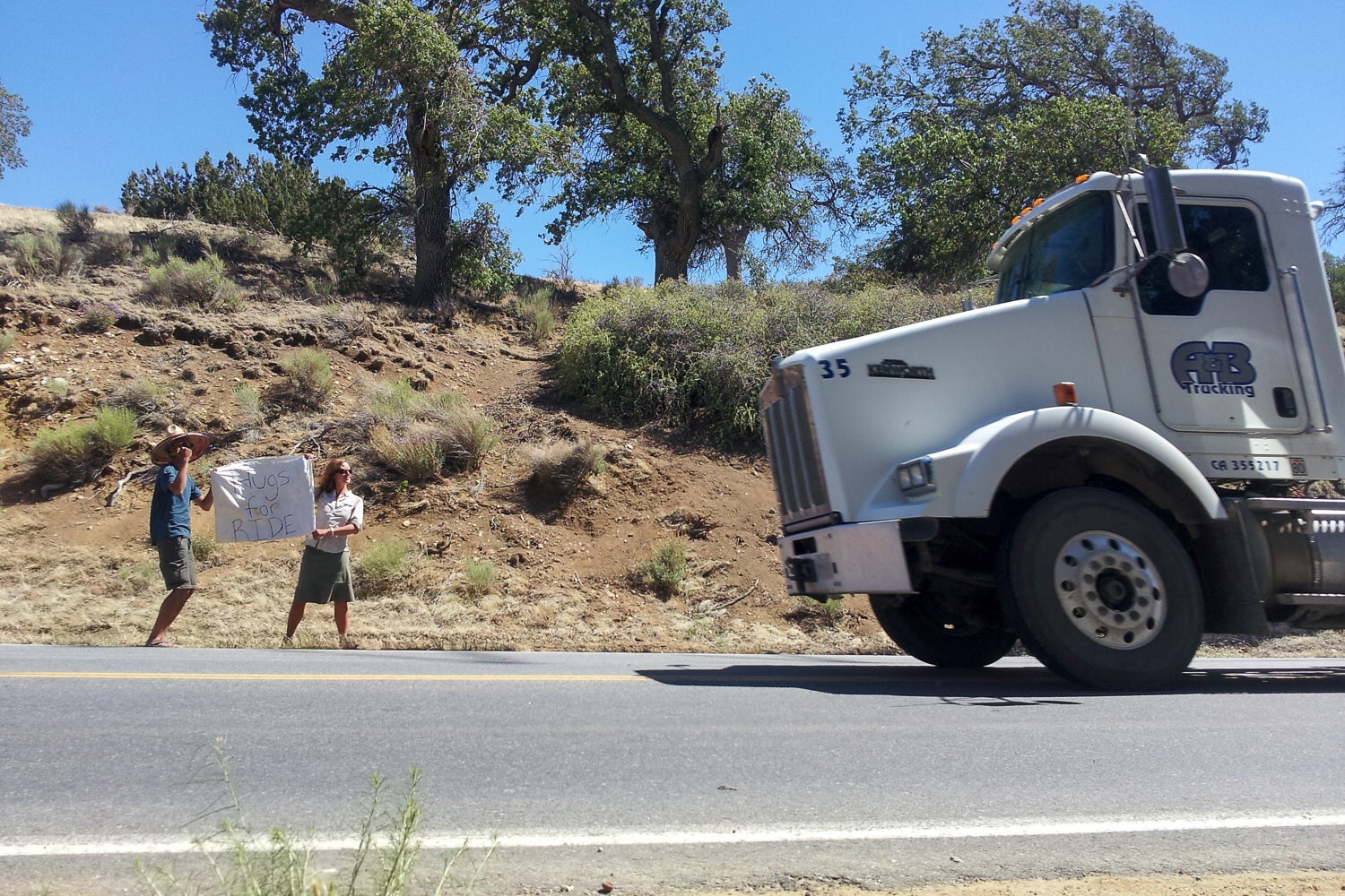 hitchhikers holding up a sign asking for a ride as truck approaches.