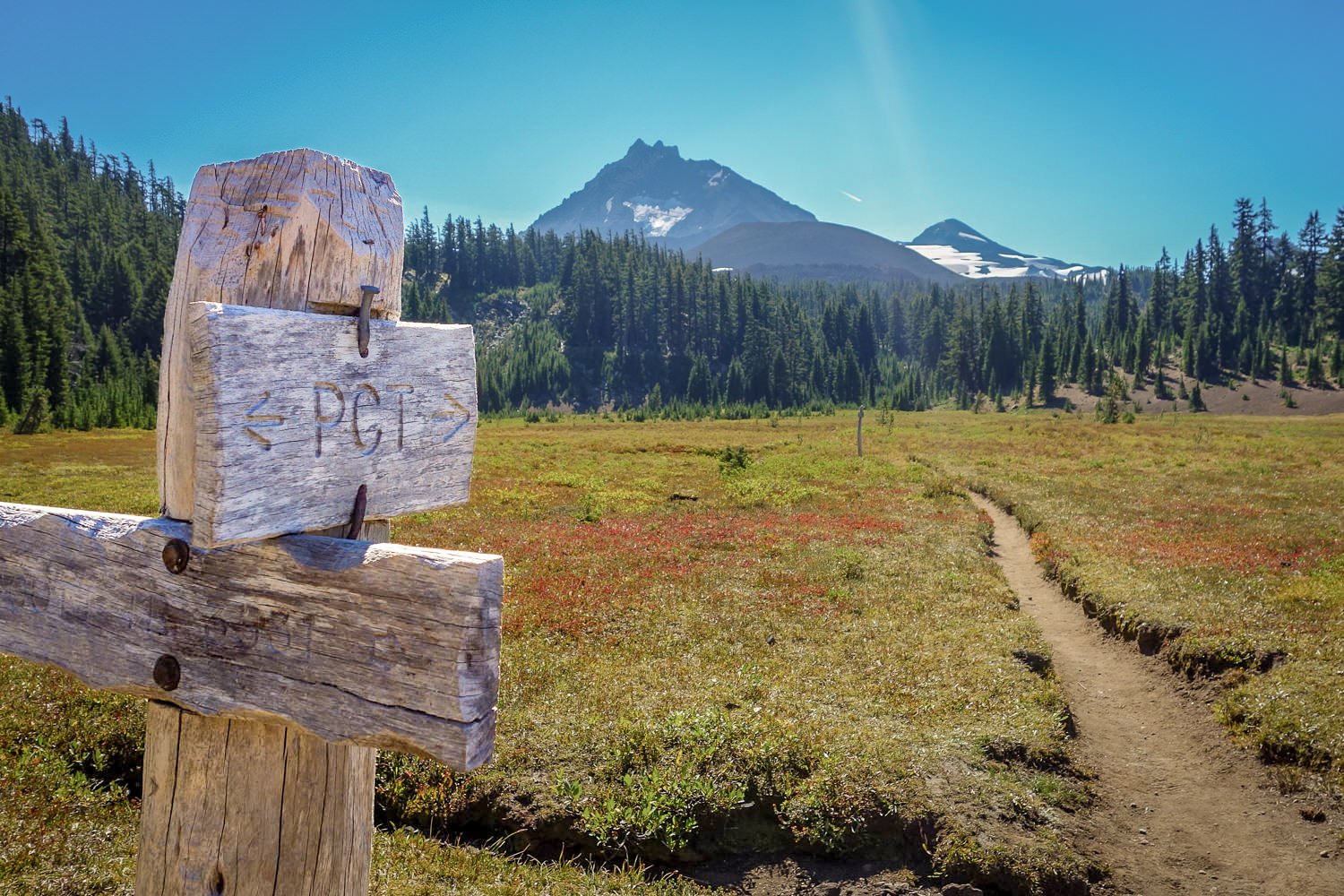 wooden sign post indicating the pacific crest trail leading through the three sisters wilderness with north sister in the distance.