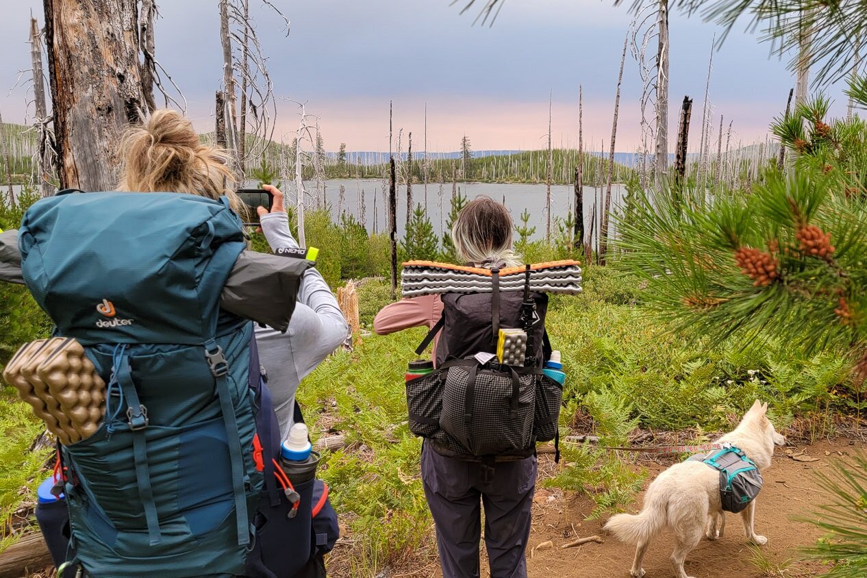 two backpackers stop to take a picture of a lake at sunset along the trail around three fingered jack with their dog