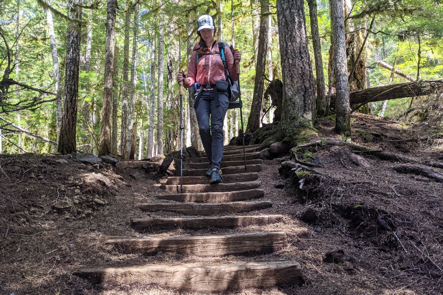 backpacker descends wooden steps on the mckenzie river trail