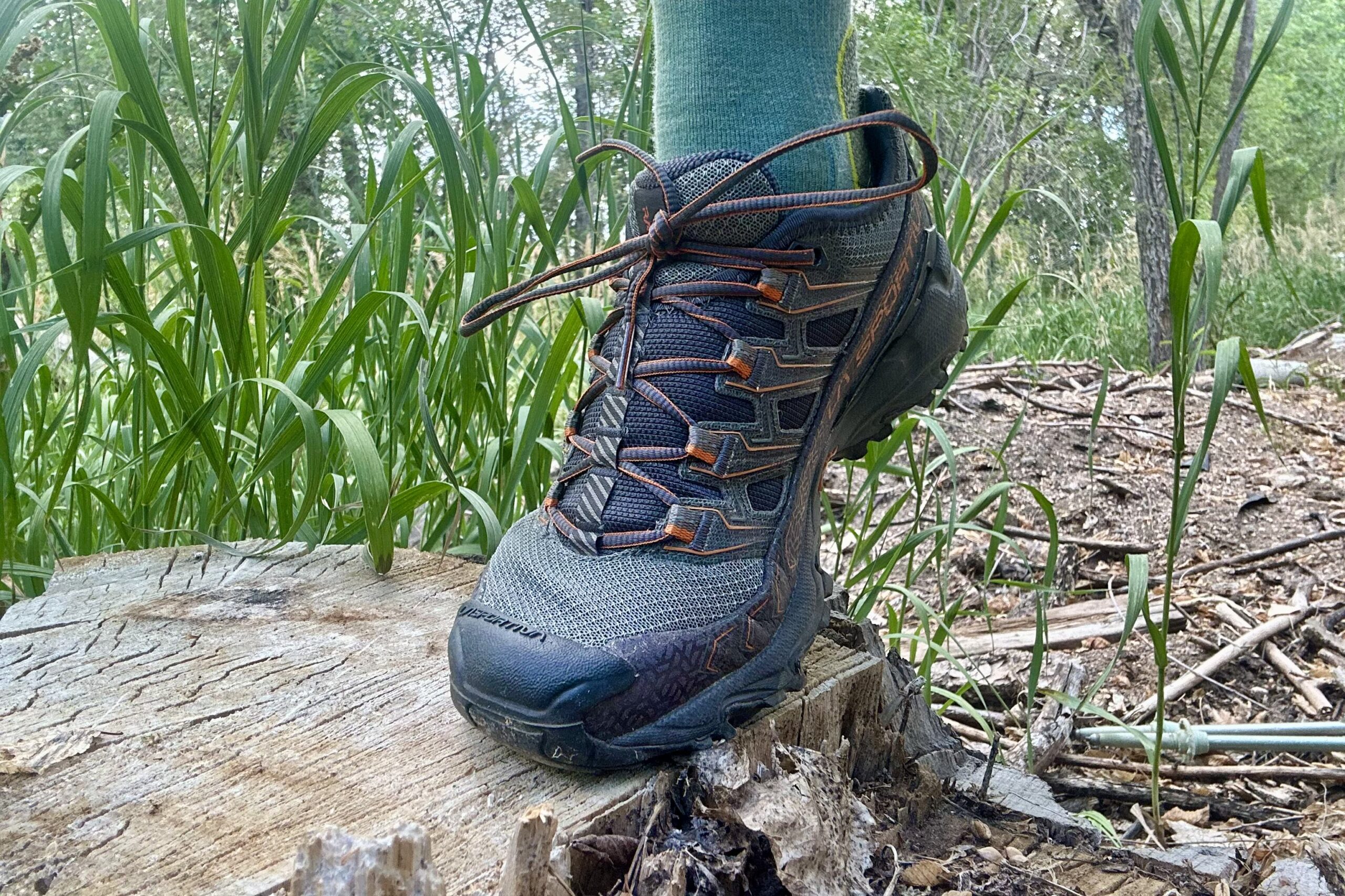 Close up of men's hiking shoe in a forest setting.