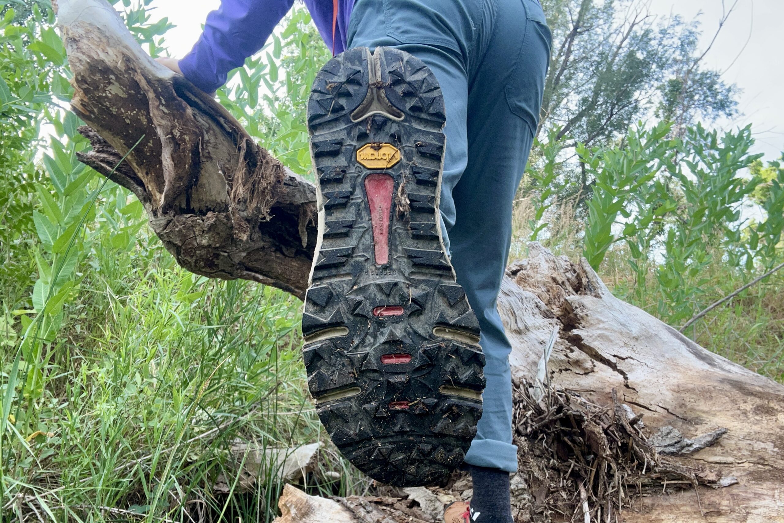 A close up shot of the tread of the Danner Trail 2650 hiking shoes.