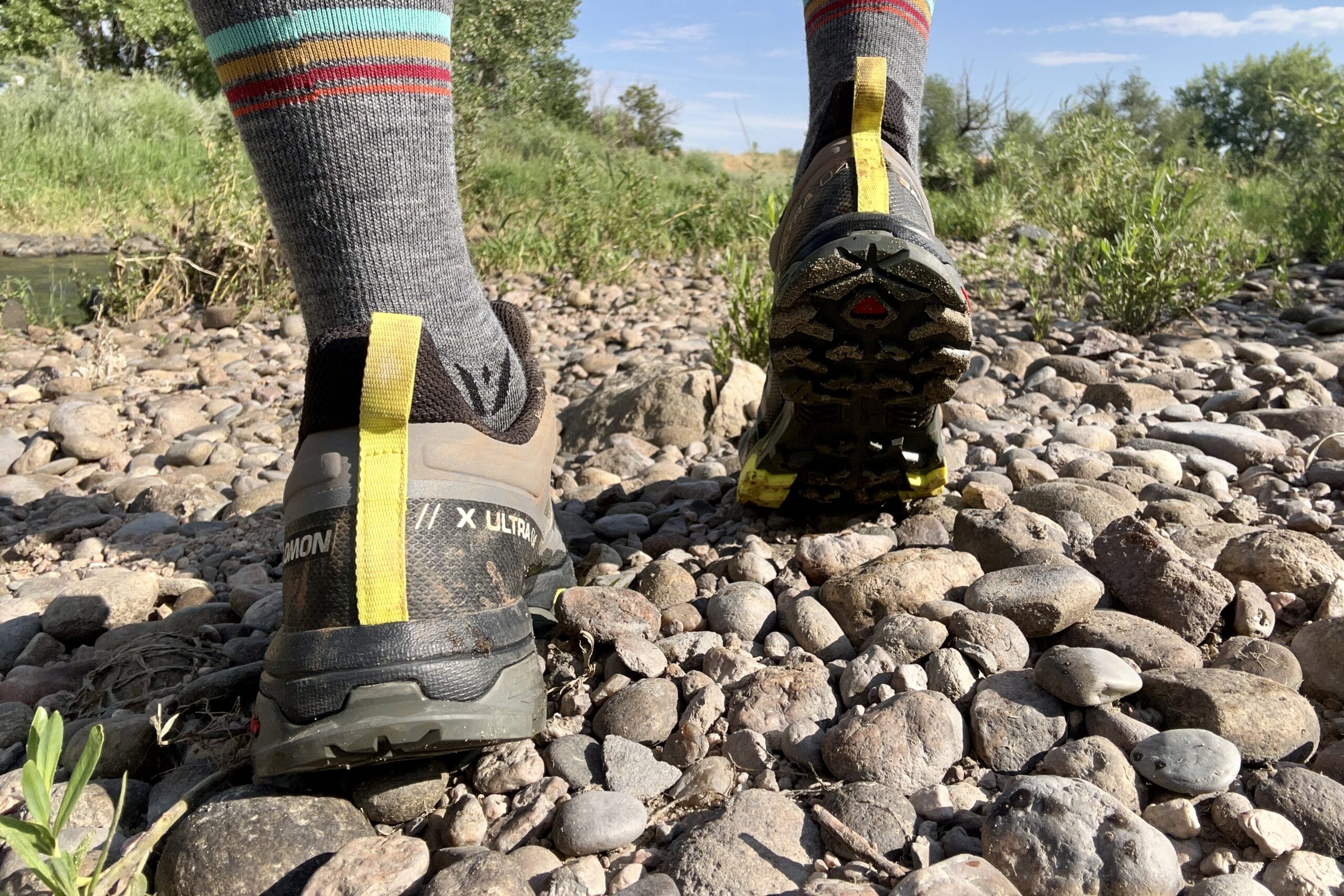 A close up shot from behind of the Salomon Ultra GTX 4 hiking shoes.