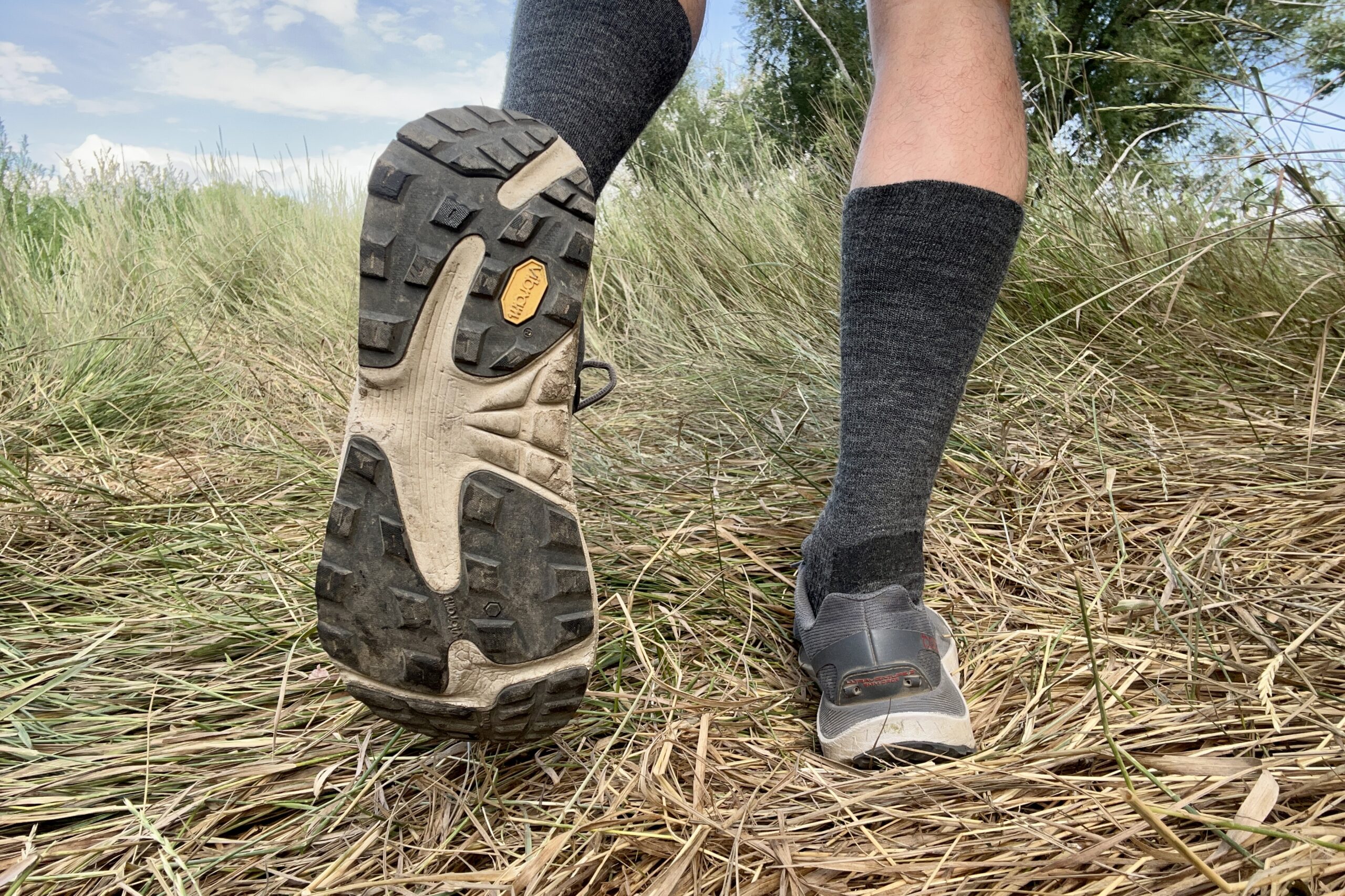 A close up shot the tread on one of the Topo Athletic Ultraventure 3 hiking shoes.