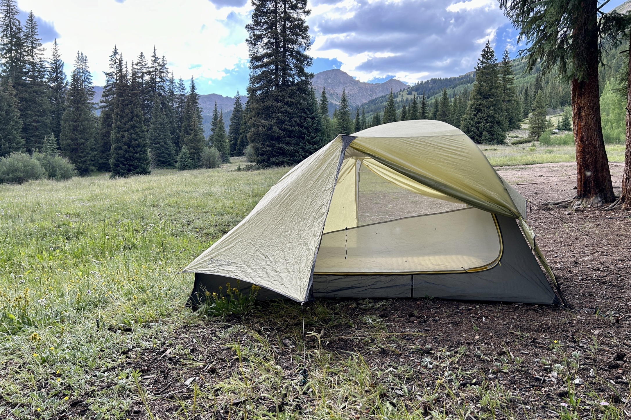 A picture of a tent with both rainfly doors open in a forest with mountains in the background.