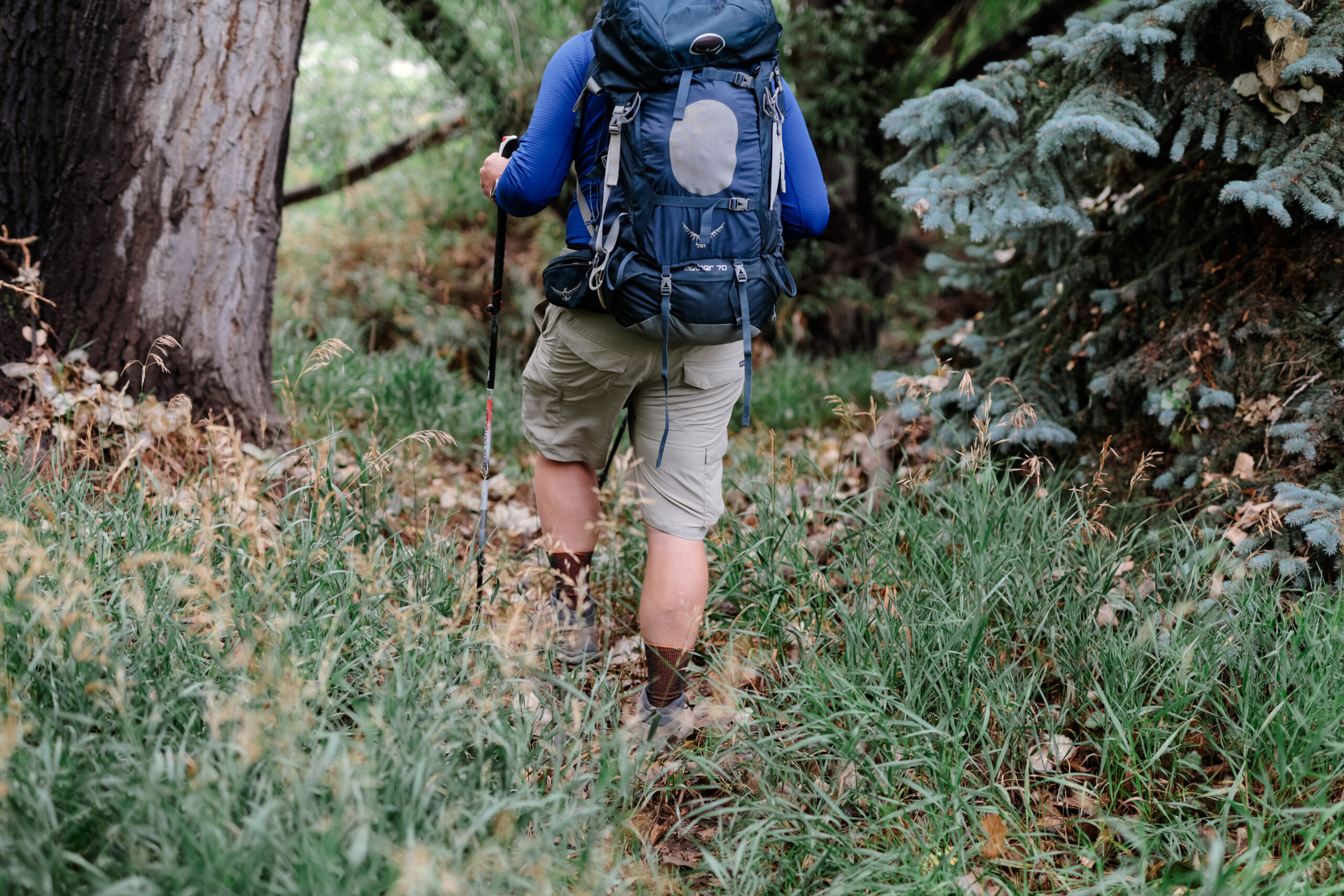 A man hiking in a pair of shorts.