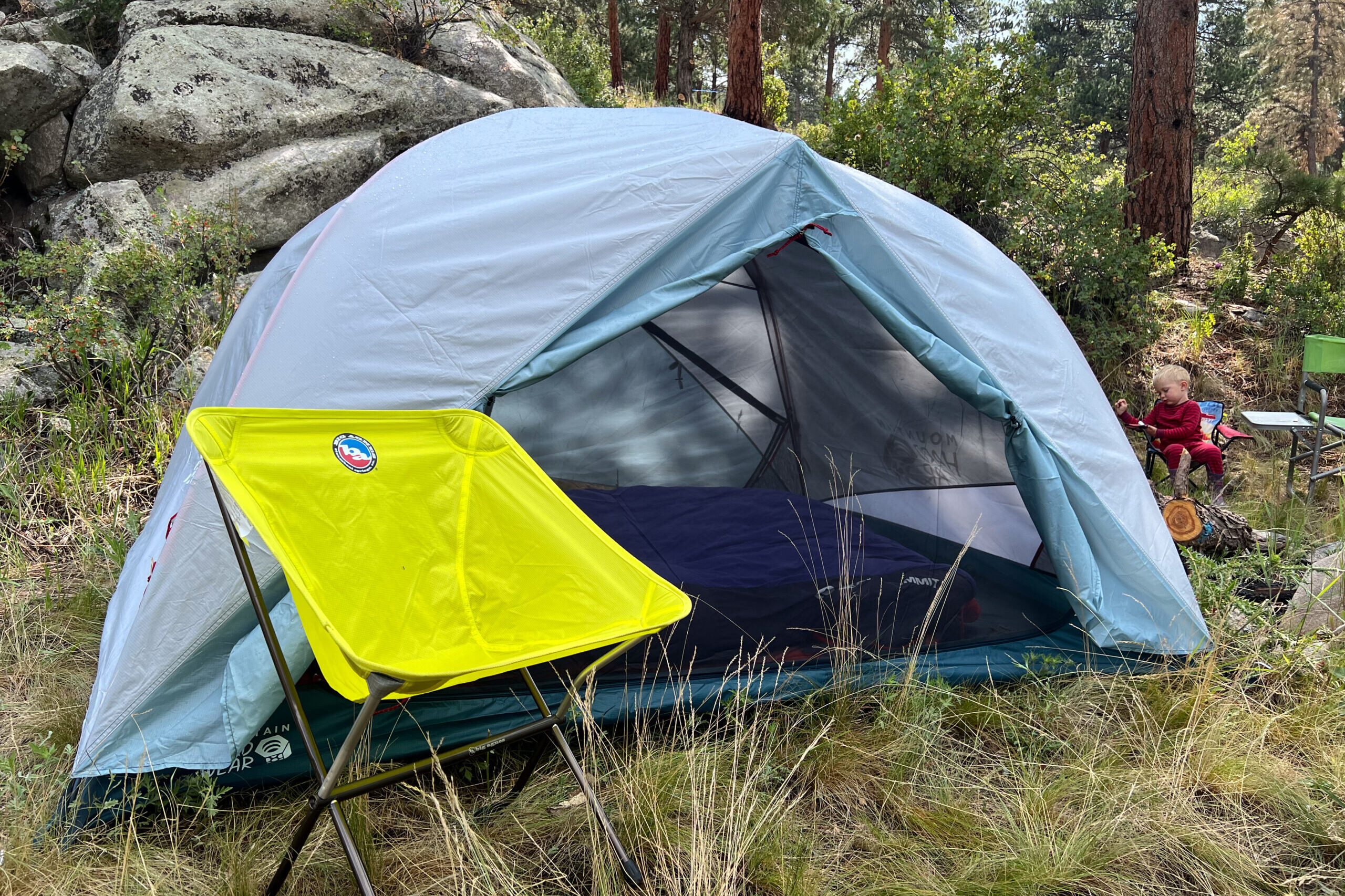 The image shows the Mineral King 3 with the front of the rainfly cinched back exposing the interior of the tent.