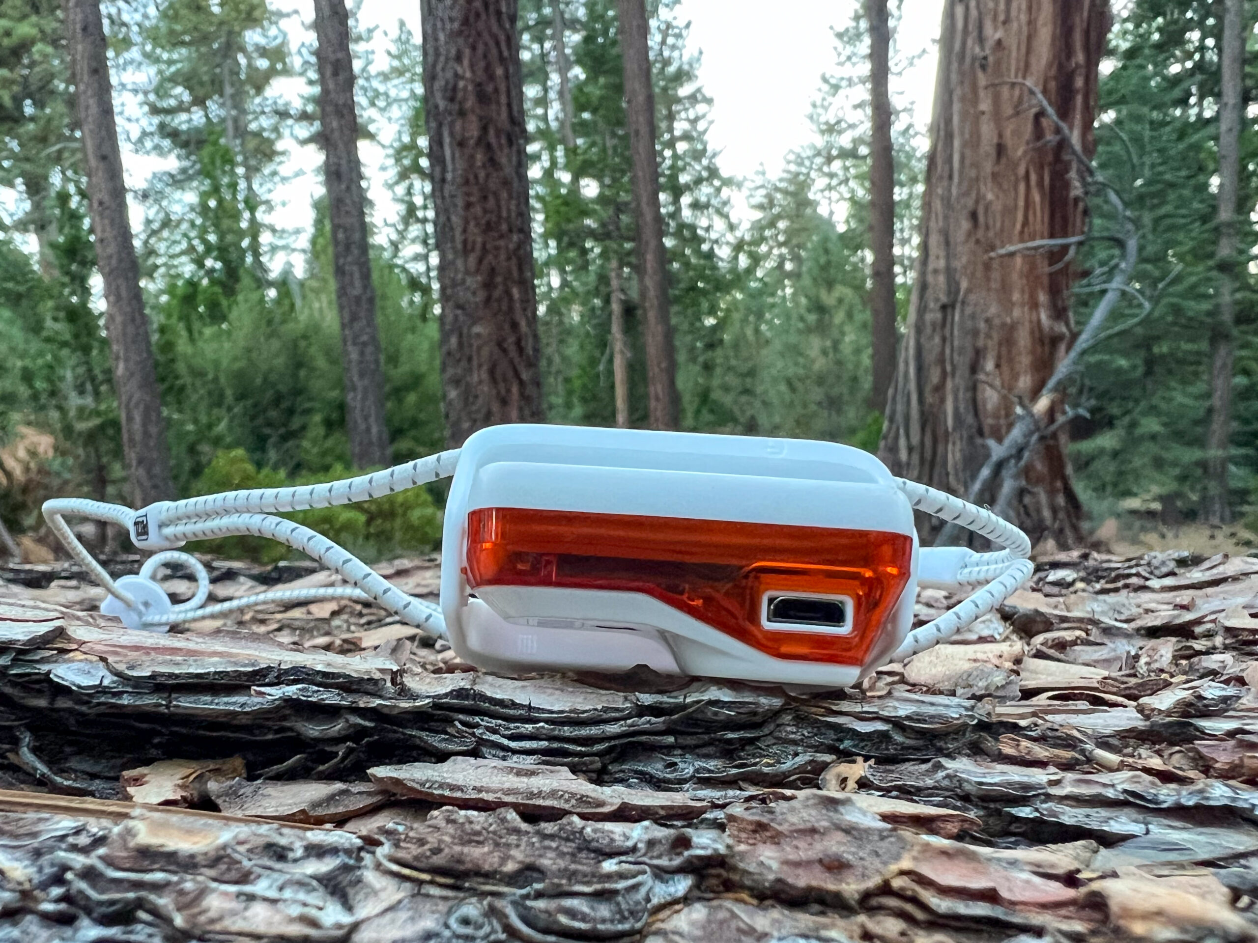 The image shows the charging port on the bottom of the Petzl Bindi Headlamp