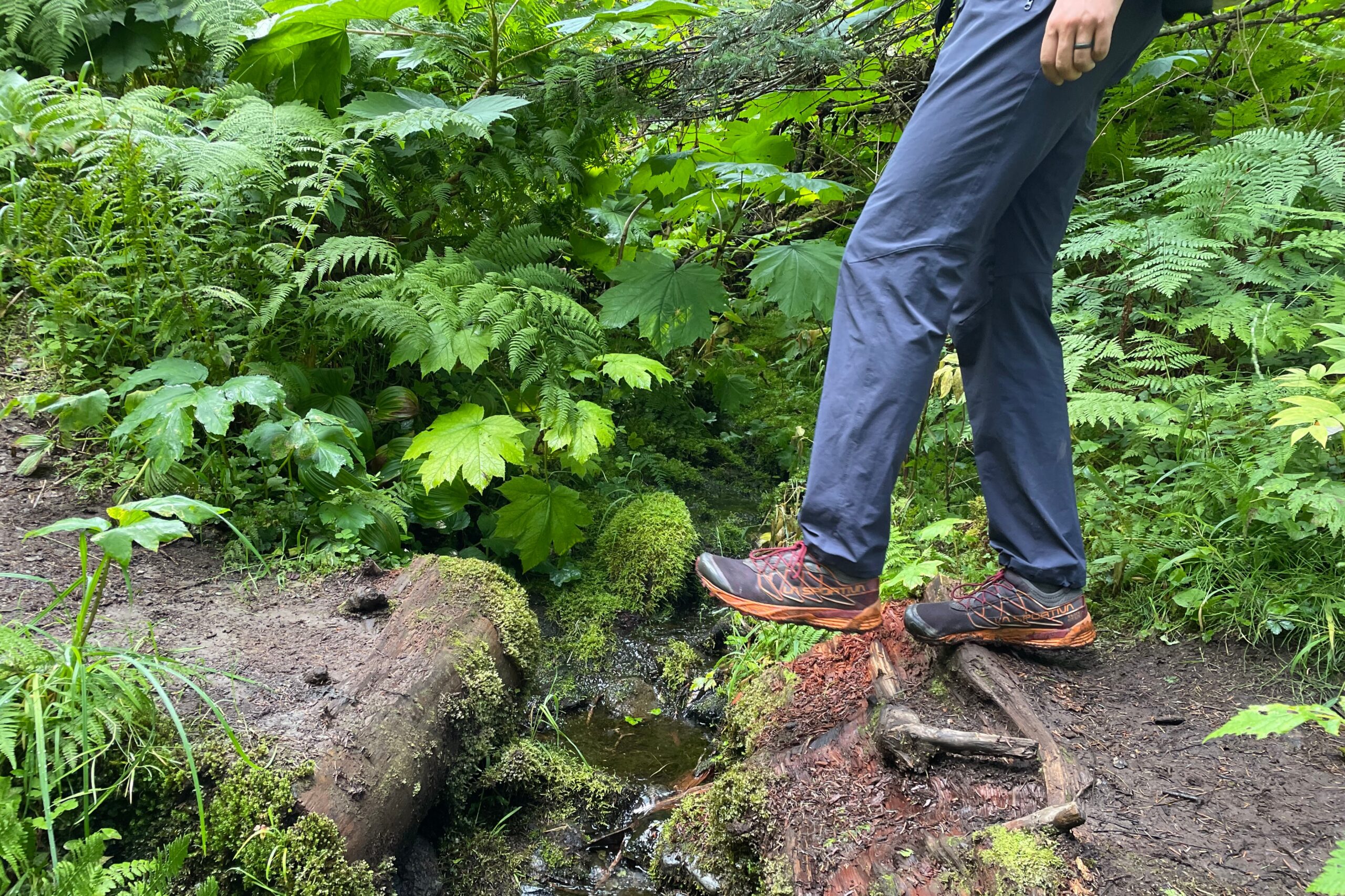 A man steps over a creek in a damp forest.