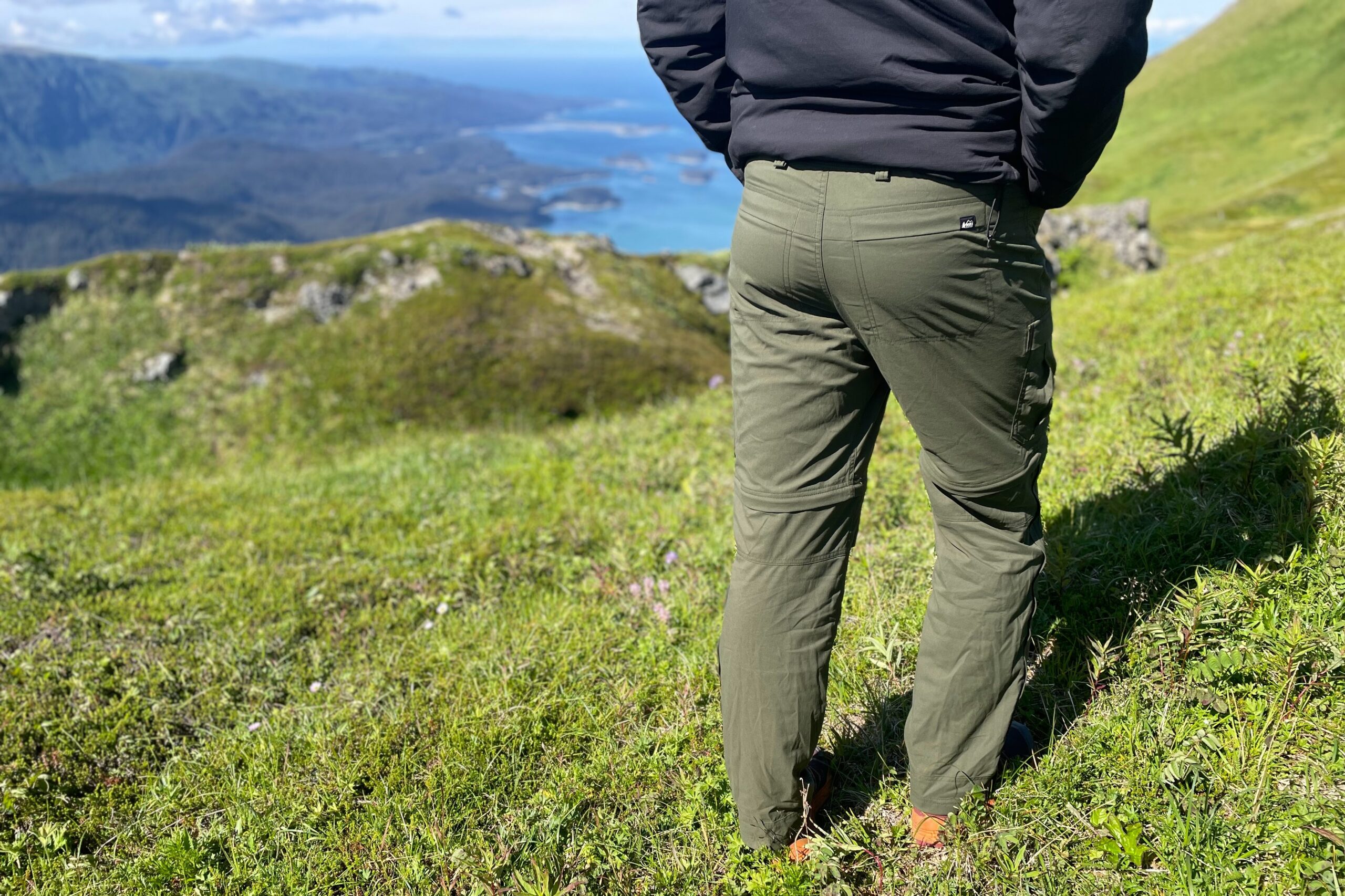 A man faces away from the camera over and ocean view.