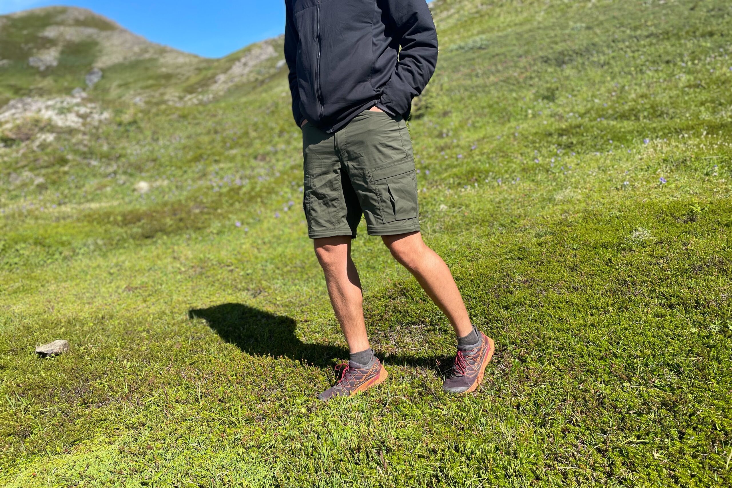 A man wearing cargo shorts walks through the alpine