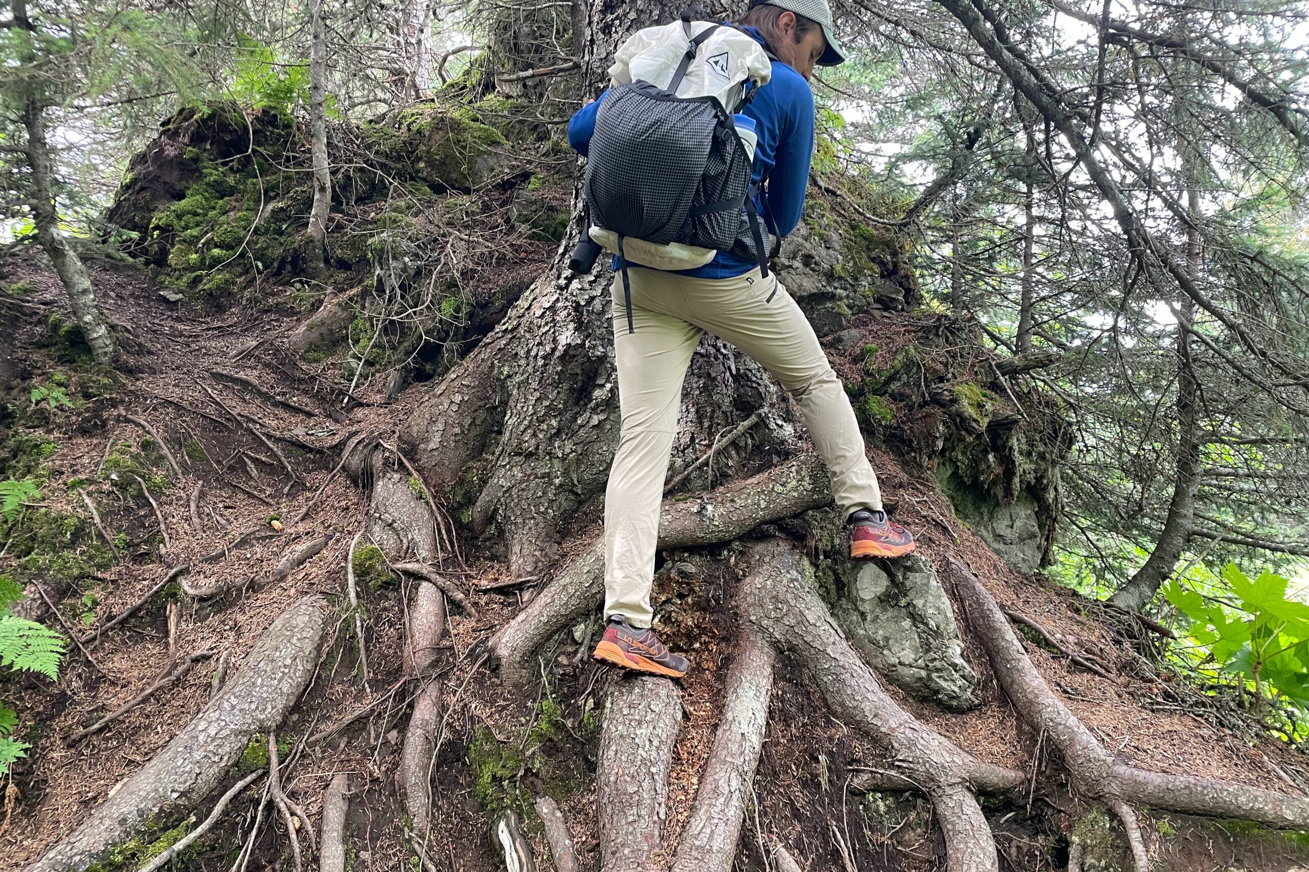 A man climbs on tree roots while wearing a while backpack.