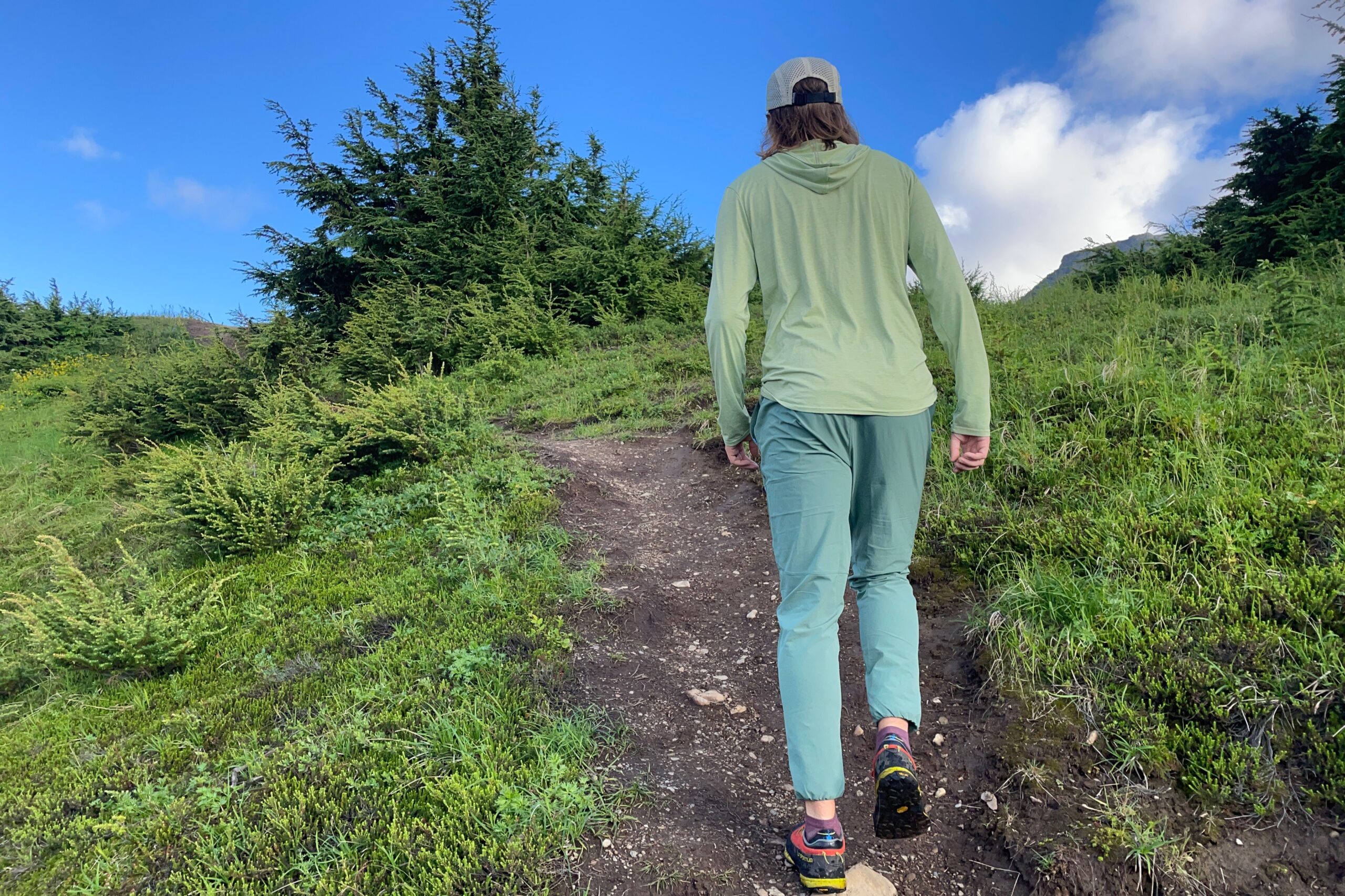 Uma foto de trás de um homem caminhando morro acima.