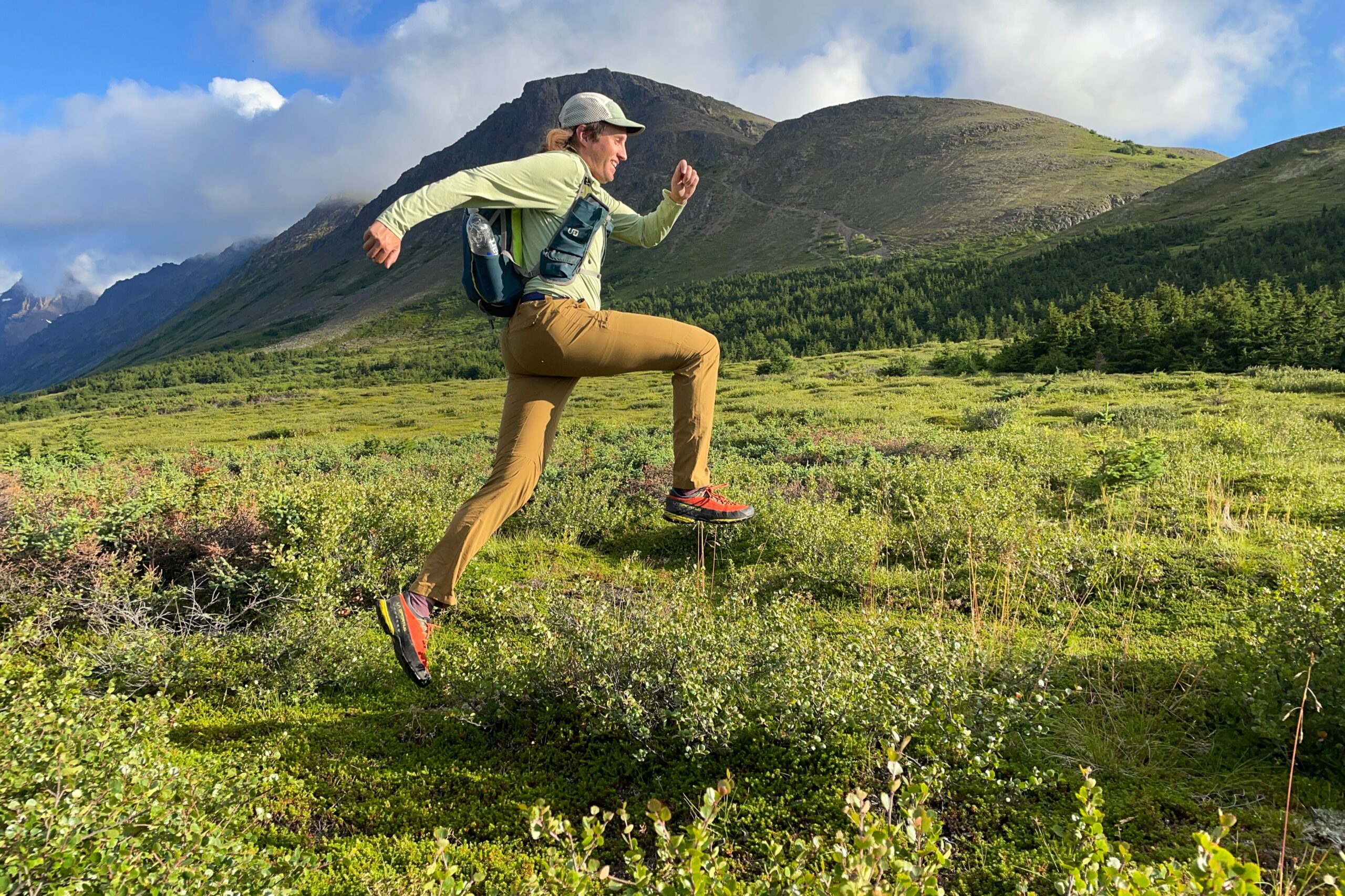 A man jumps over a bush in an alpine setting.