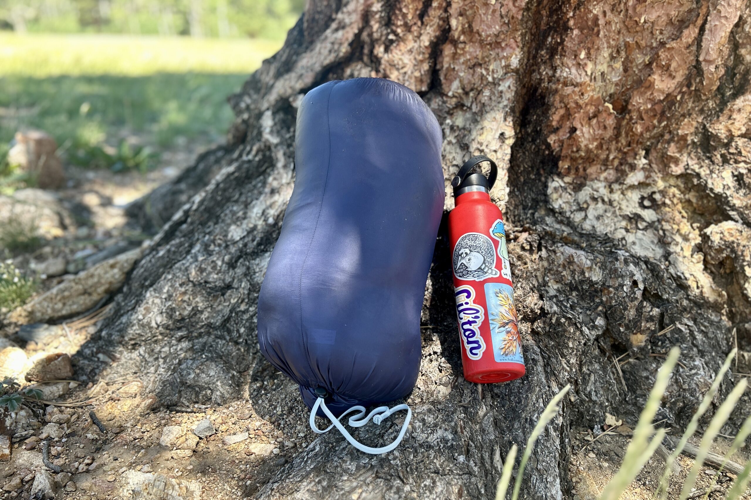 A sleeping bag in its stuff sack resting against a pine tree next to a water bottle with stickers on it.