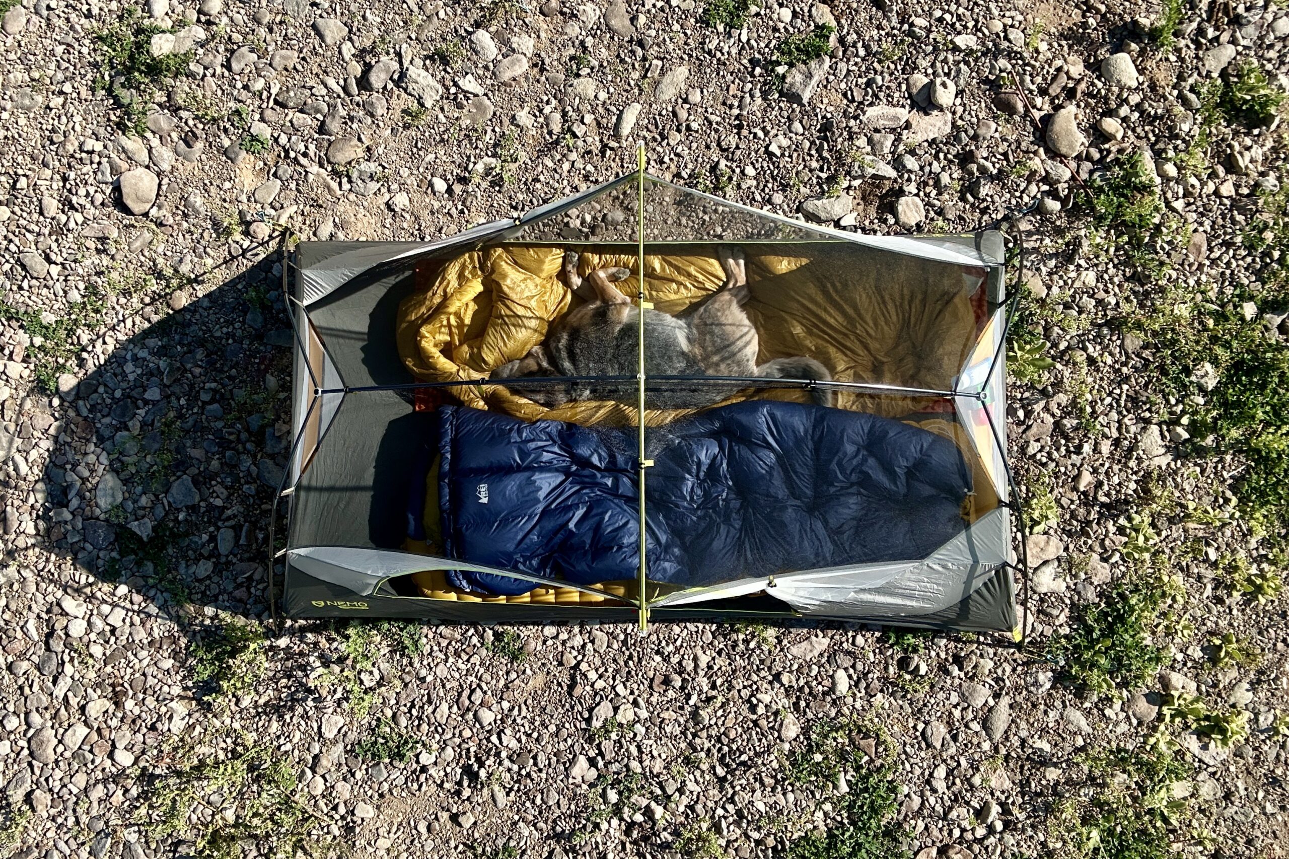 Image of a tent from above with no rainfly and two sleeping bags inside.