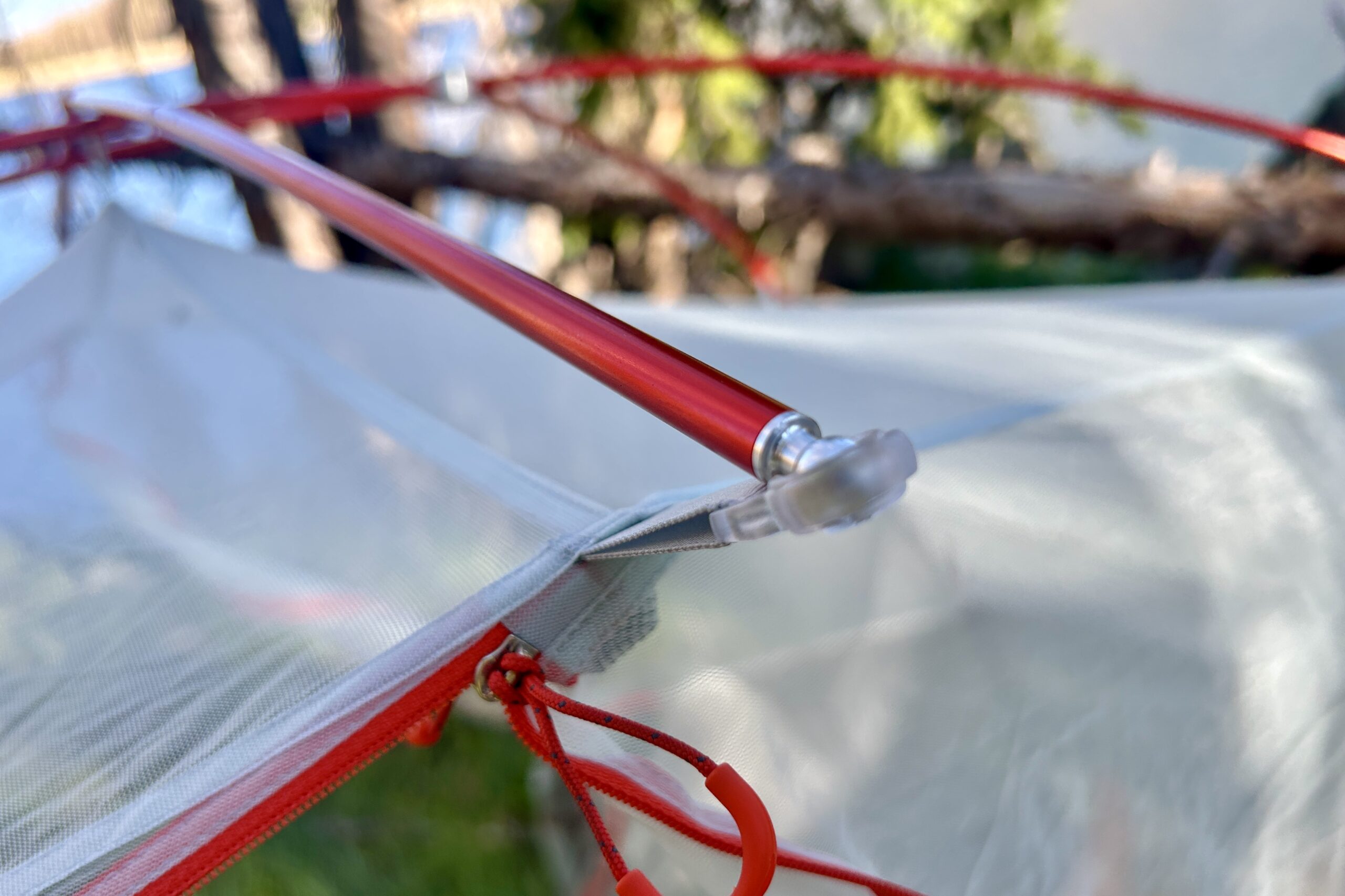 a closeup view of the tent pole and its hub that creates a streamlined and taught tent pitching 