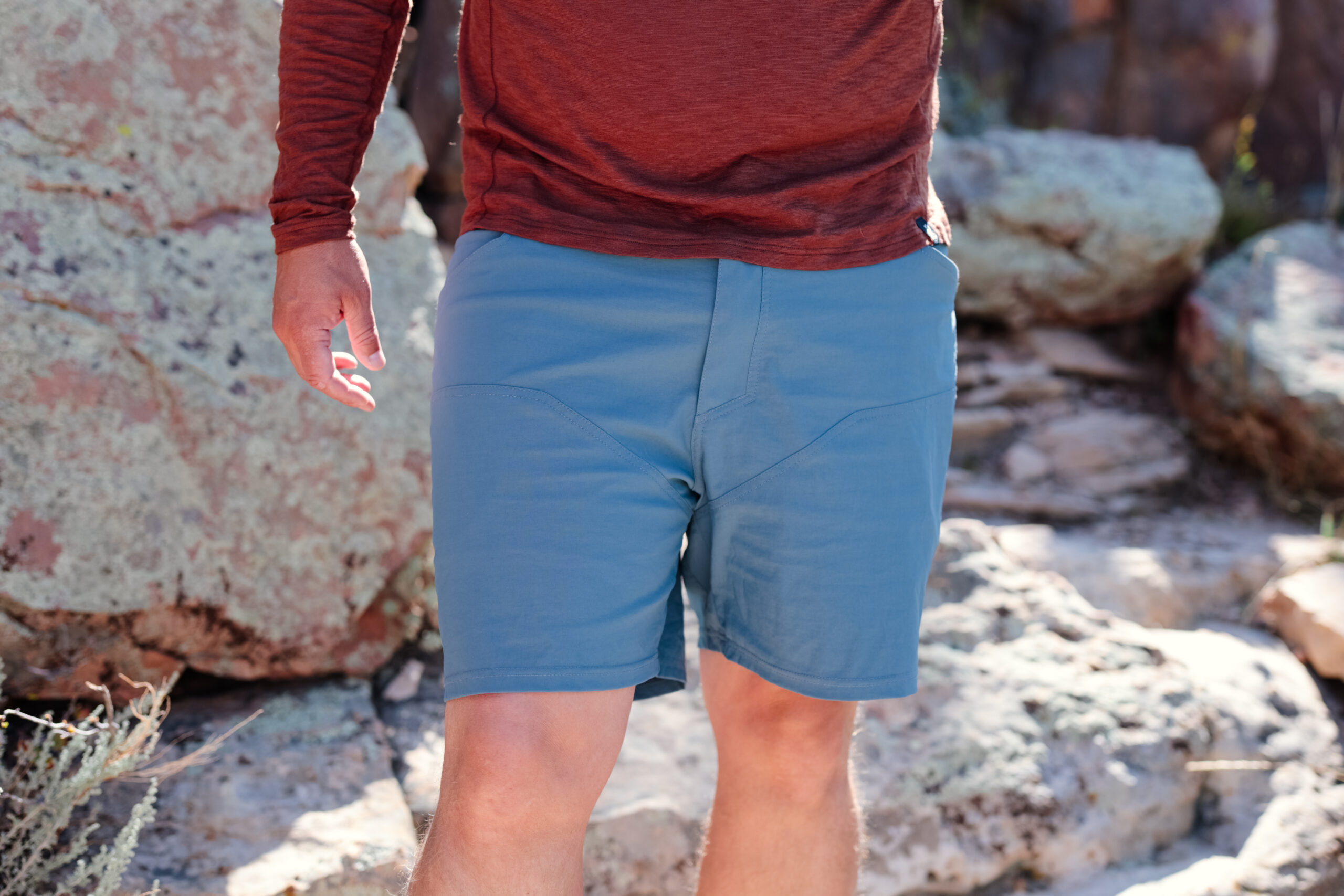 Close up view of man in in hiking shorts.