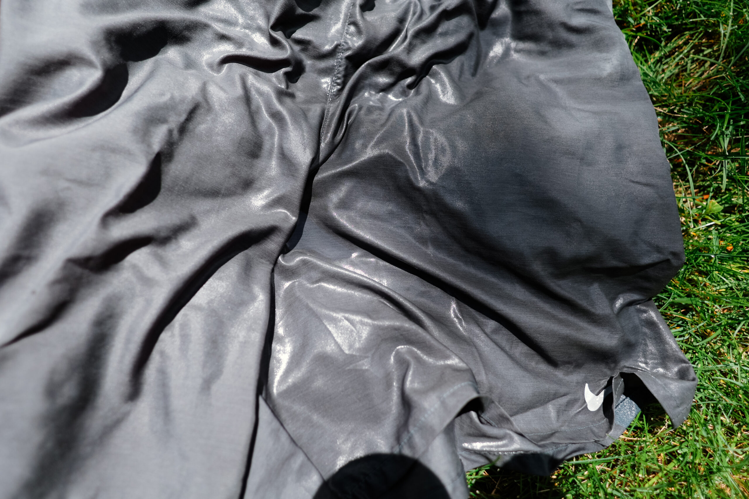 Wet hiking shorts close up drying in the sun.