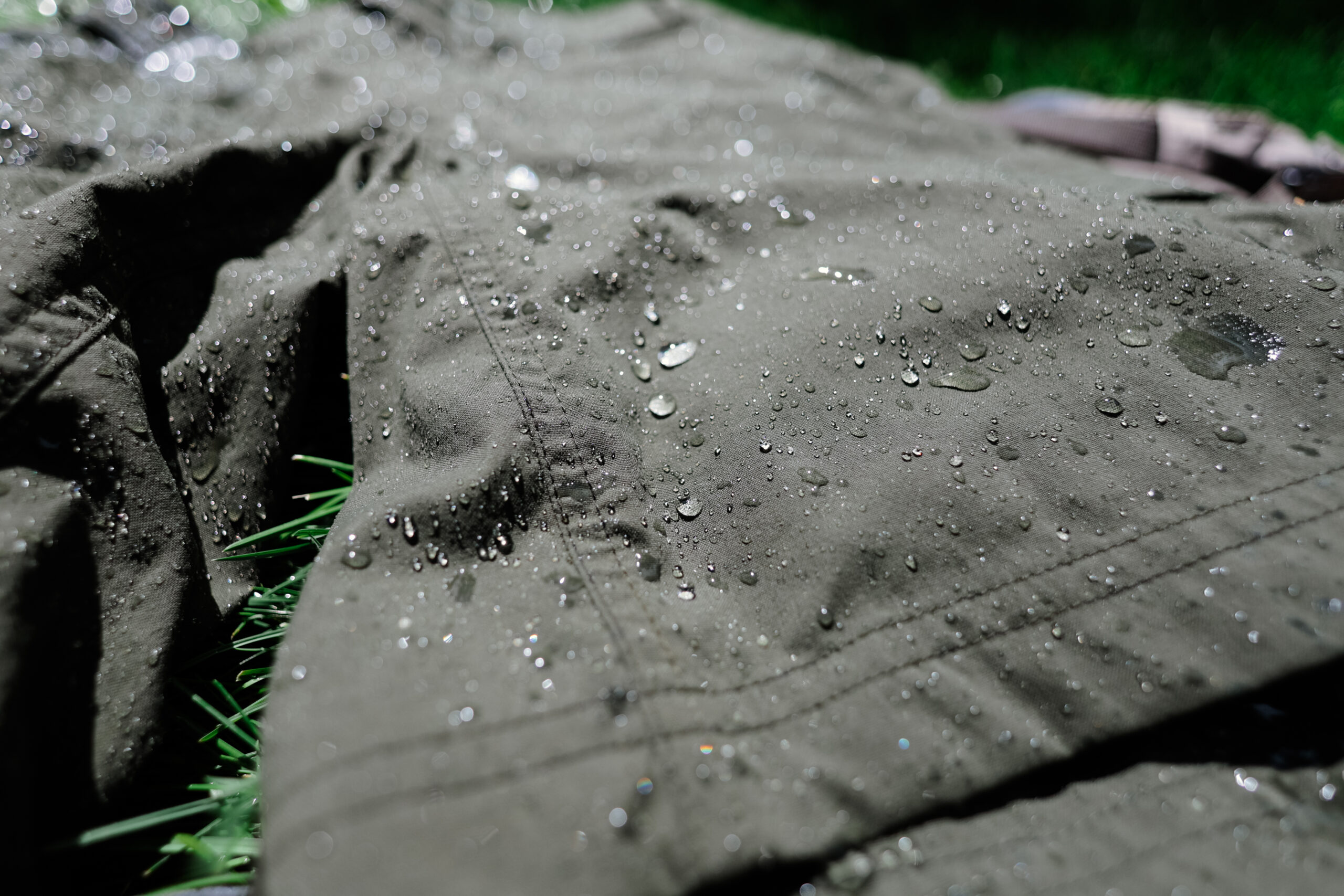 Water beads close up on shorts.