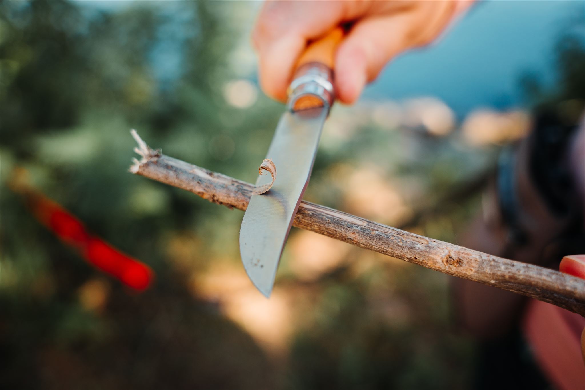 Showing the Opinel No. 8 pocket knife to shave the bark off of a small stick