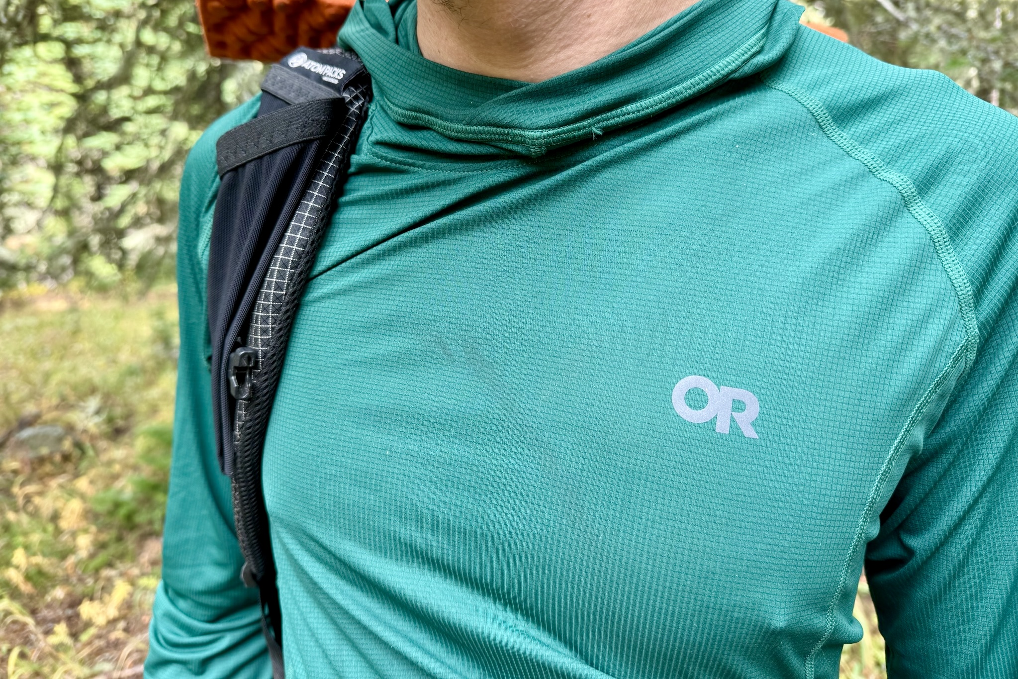 A chest up shot of a hiker wearing the Outdoor Research Echo Hoodie. A backpack strap is slung across his right shoulder.