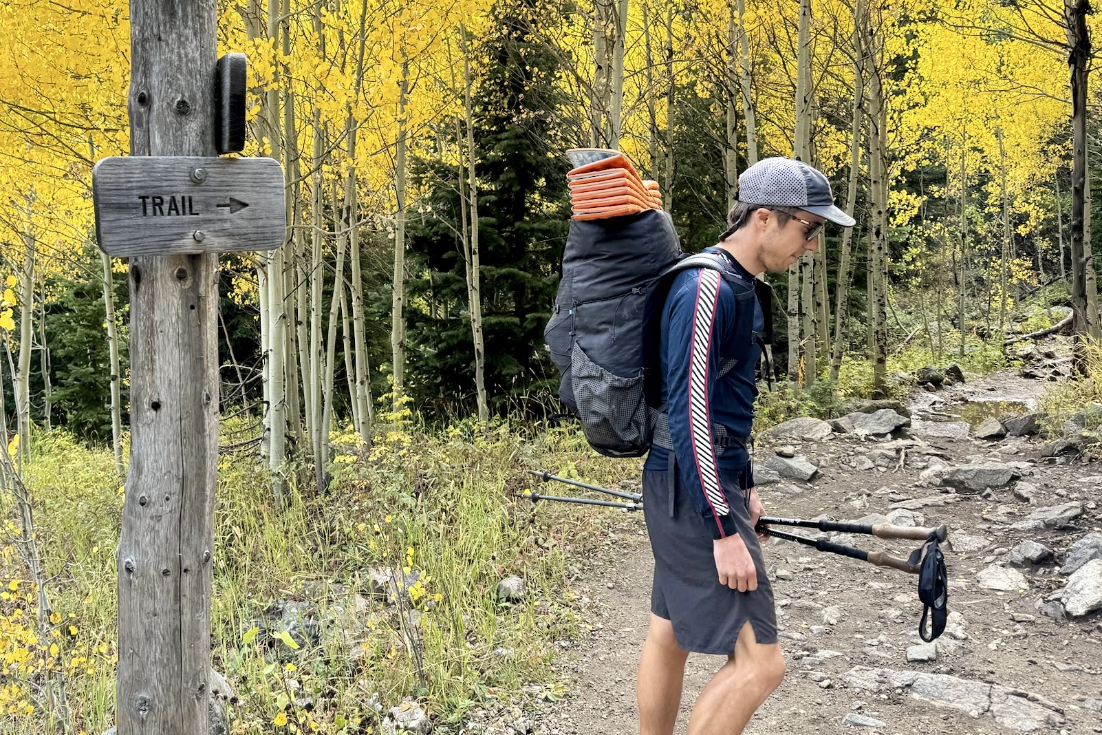 A hiker stands next to a trail sign with a backpack and trekking poles while wearing Helly Hansen Lifa Stripe base layer. Trees and a trail are in the background.