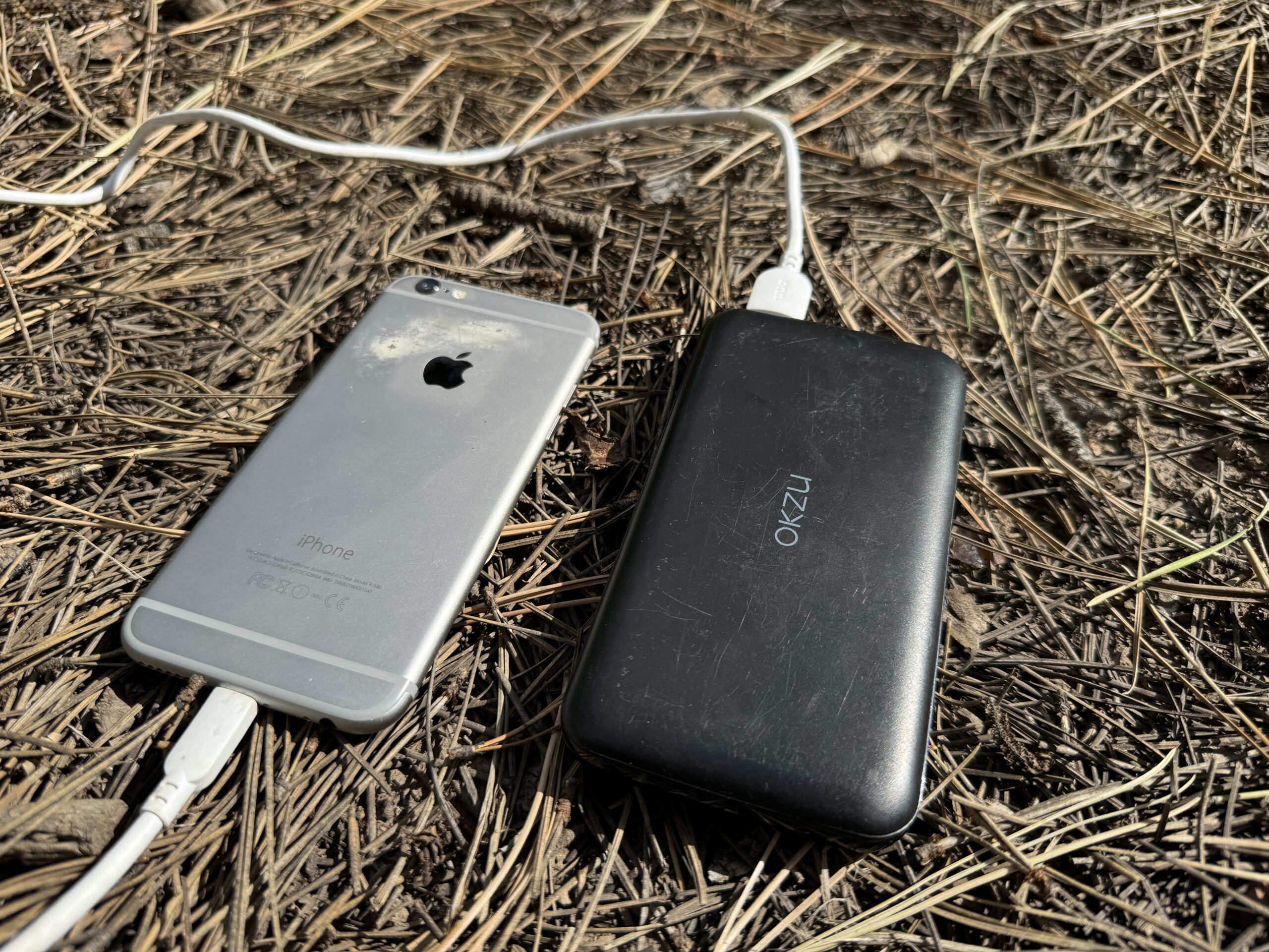 Close up of the OKZU power bank charging a phone and the Garmin Inreach while sitting on some pine needles.