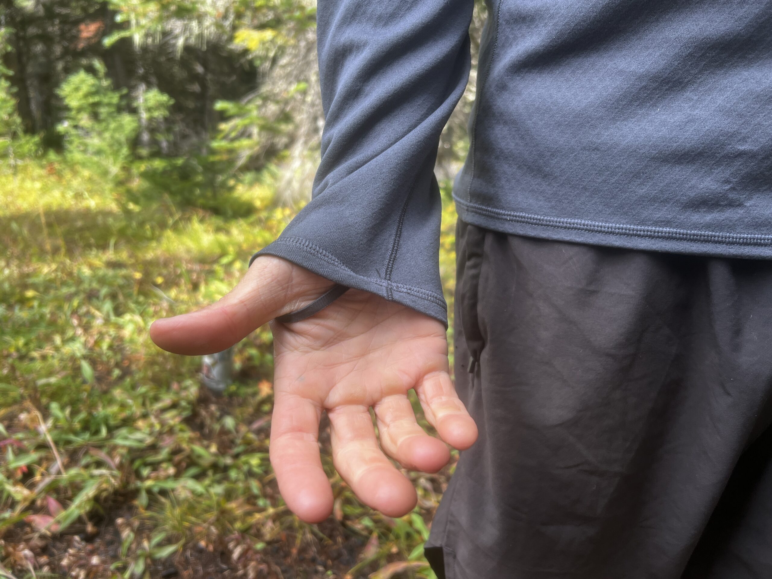 A hiker shows a close up of the wrists and thumbloops on the Patagonia Capilene. Trees are in the background.