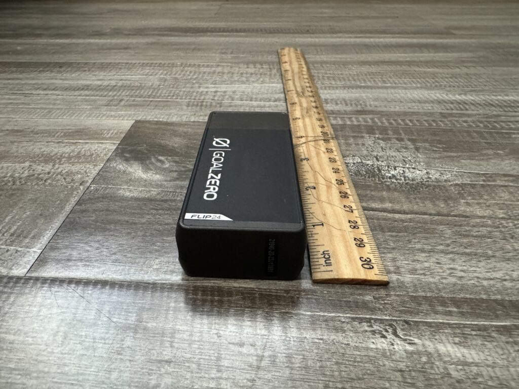 Close up of the Goal Zero being measured with a ruler.