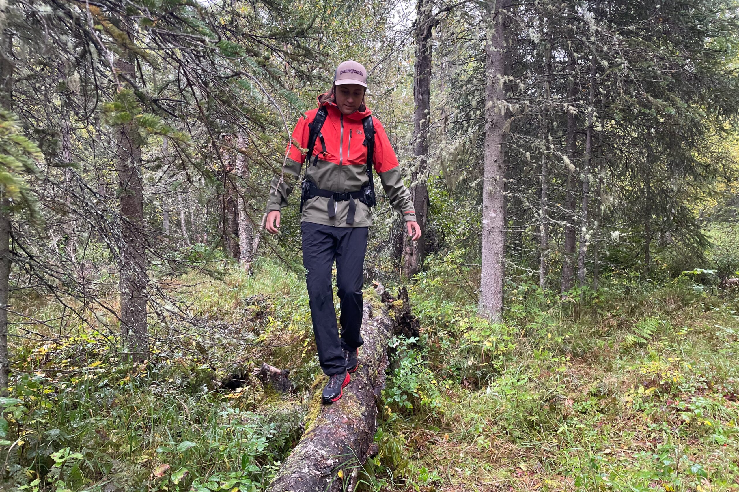 A man walks on a fallen long wearing a rain jacket.