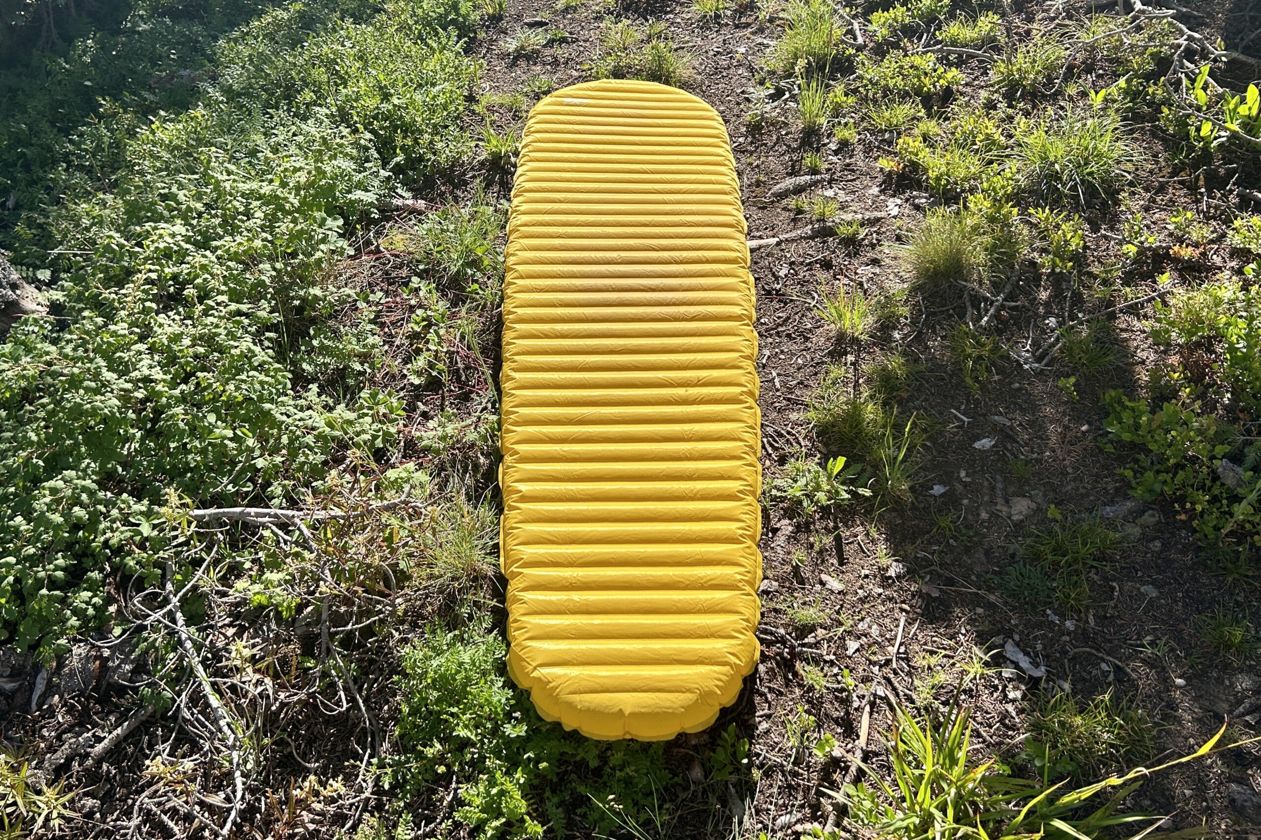 A sleeping pad rests on the ground in a field, surrounded by grass.