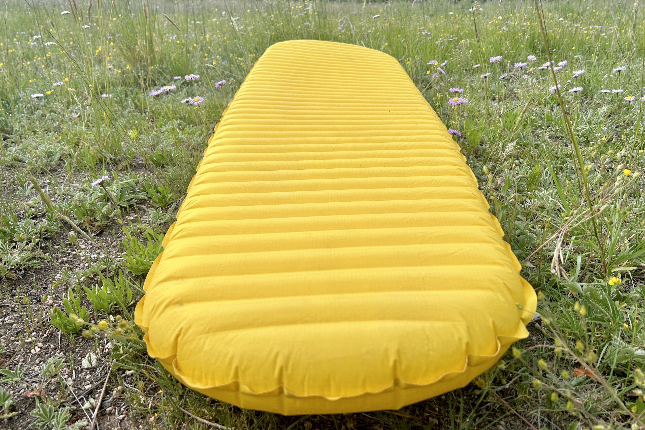 A yellow sleeping pad rests on the ground in a green field.