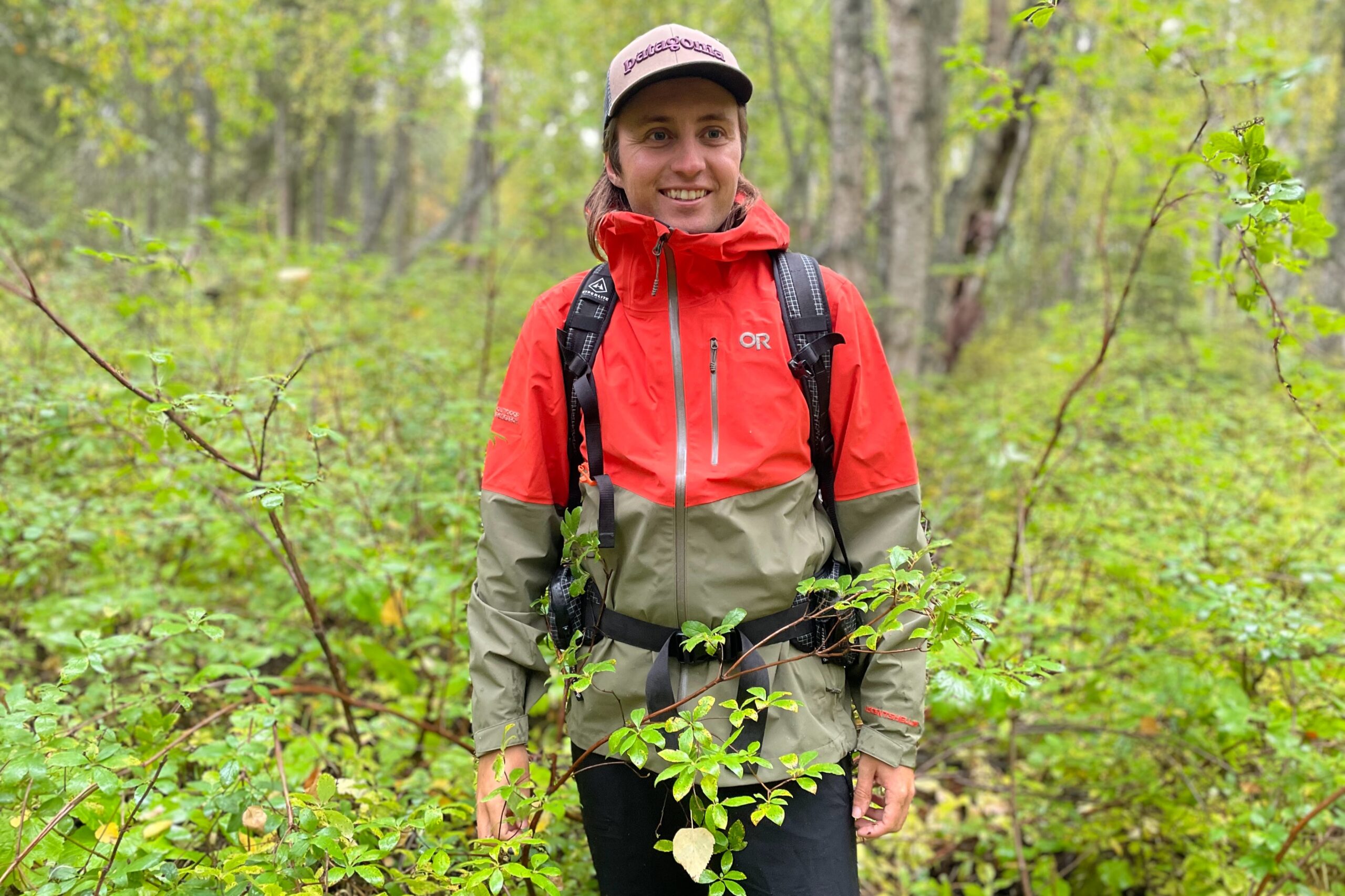 A man stands in green undergrowth in a forest.