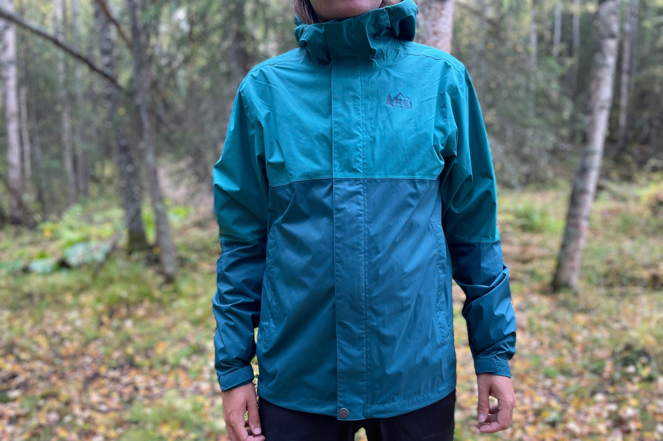 A closeup of the front of a rain jacket.