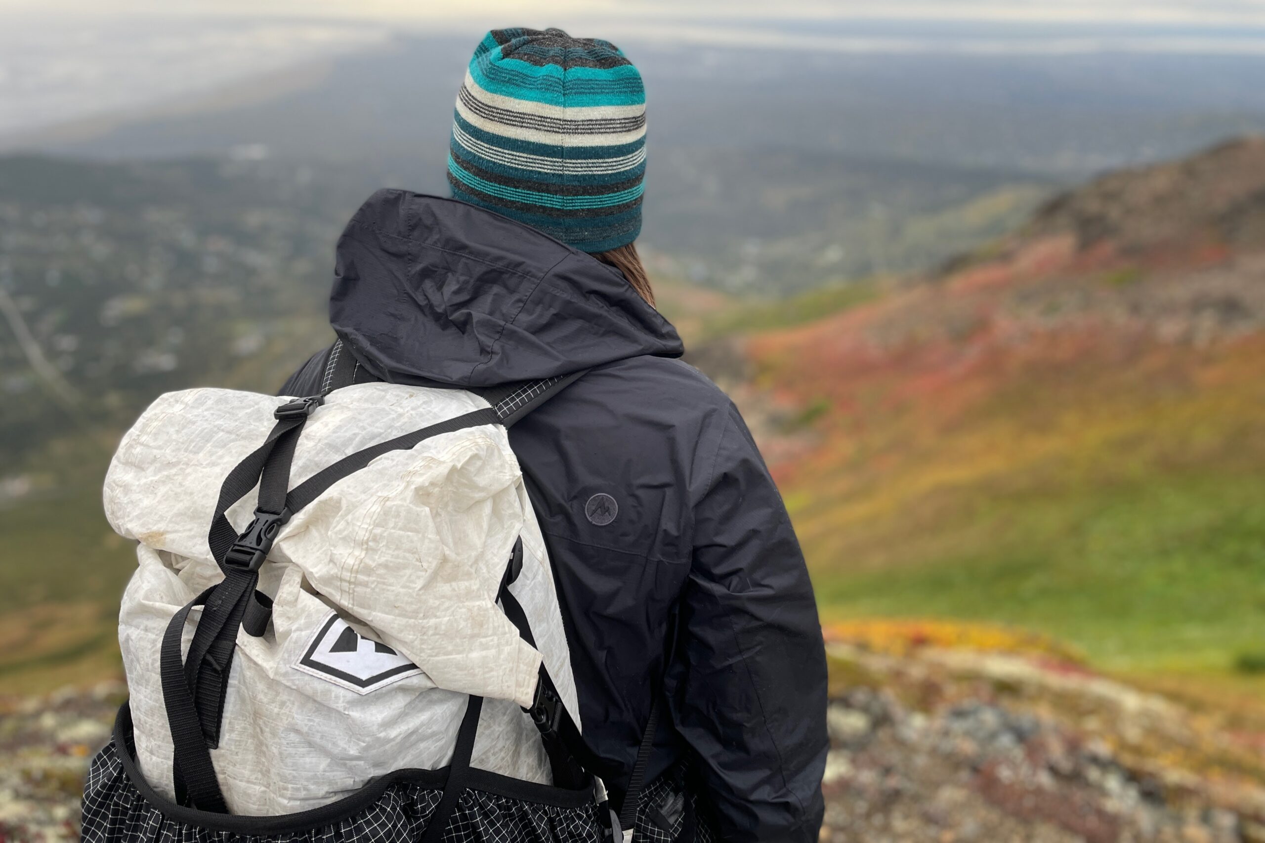 A man looks out over a mountain view earing a rain jacket and backpack.