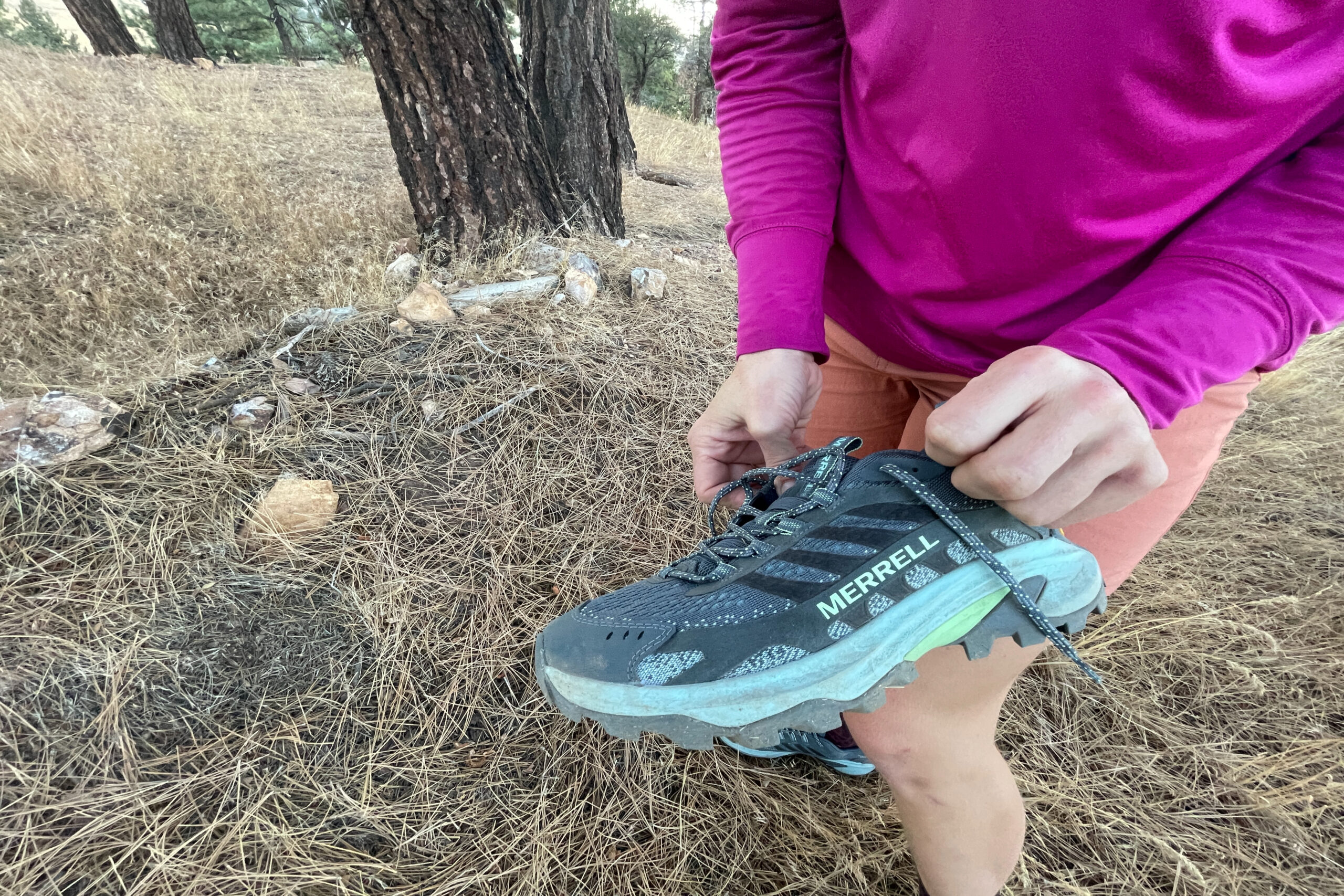 putting on the merrell moab speed 2 shoe while in a pine beded forest.